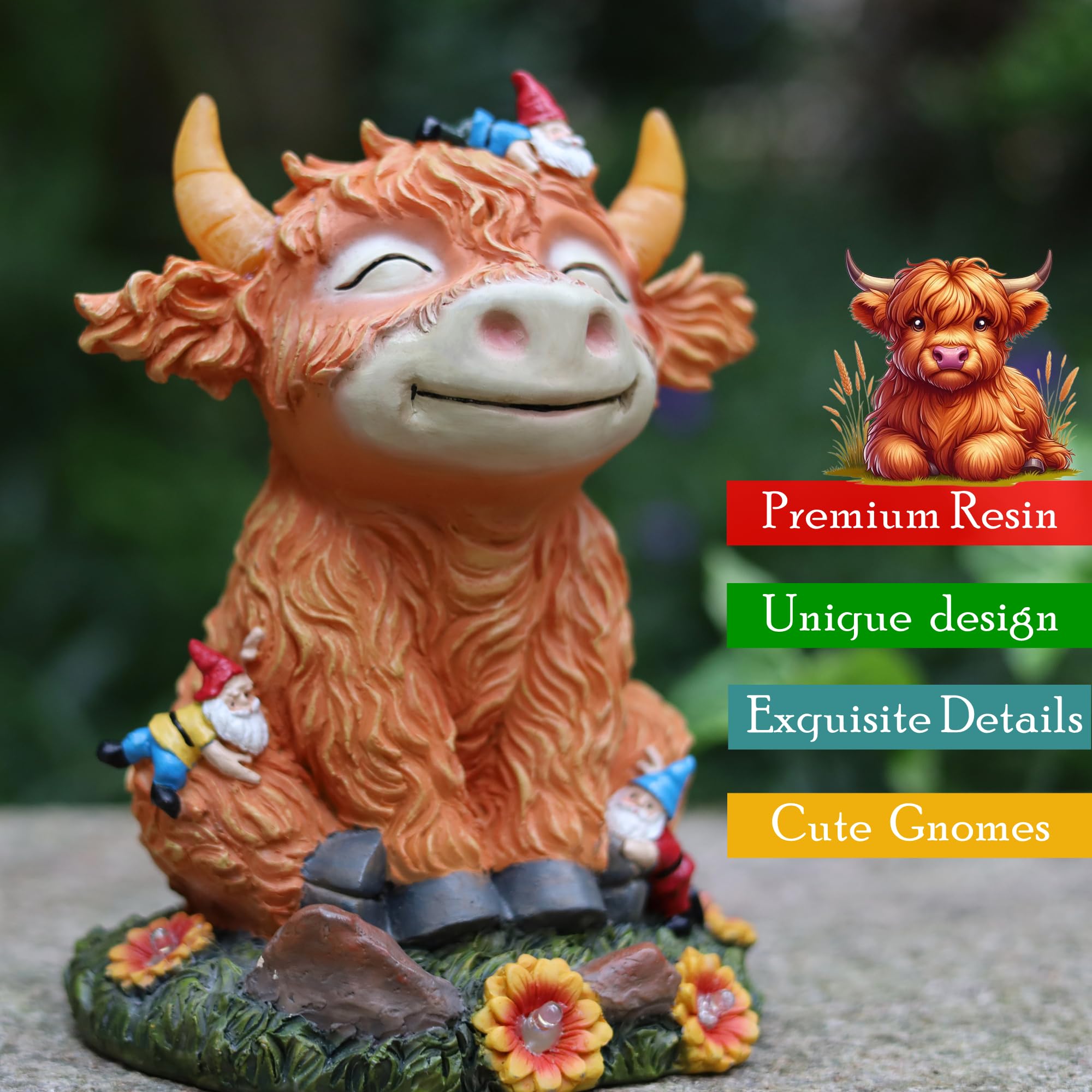 Solar-Powered Highland Cow Garden Statue with Funny Gnomes - Outdoor Decor for Yard, Patio & Lawn - Perfect Christmas & Housewarming Gift for Women, Mom & Grandma - Ideal for Garden Decor, Backyard Parties & Holiday Displays