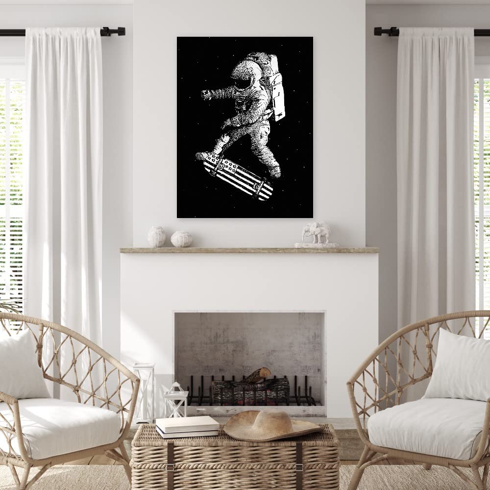Kickflip in Space Canvas Wall Art - Modern Abstract Painting by Robert Farkas - Large 42x56 Inch Ready to Hang Artwork - Perfect for Living Room, Bedroom, Office Decor - Unique Space Skateboard Theme for Home & Commercial Spaces
