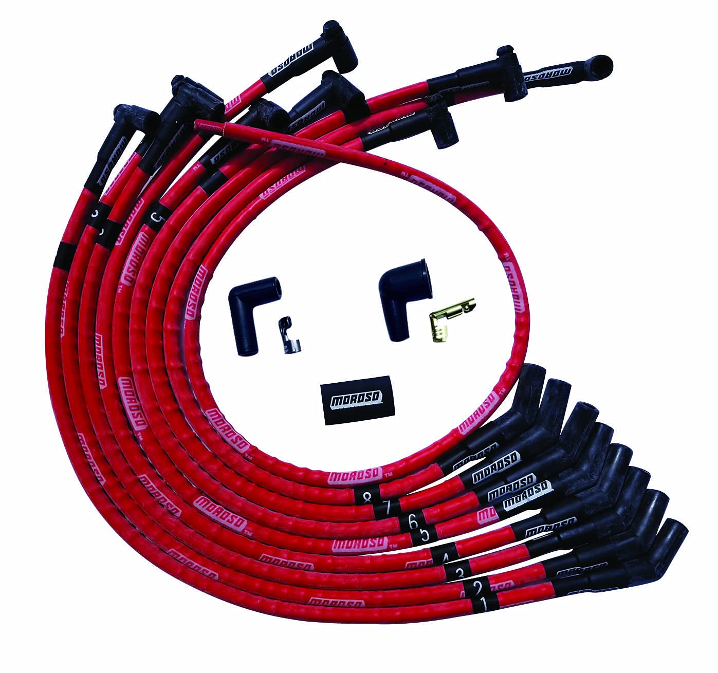 Moroso 52570 Ultra Series Red Spark Plug Wires for Small Block Ford 260/289/302 - 135 Degree Plug Ends & HEI Distributor Compatible | High Performance Ignition Upgrade for Classic Mustang, F-100 & Muscle Car Restoration