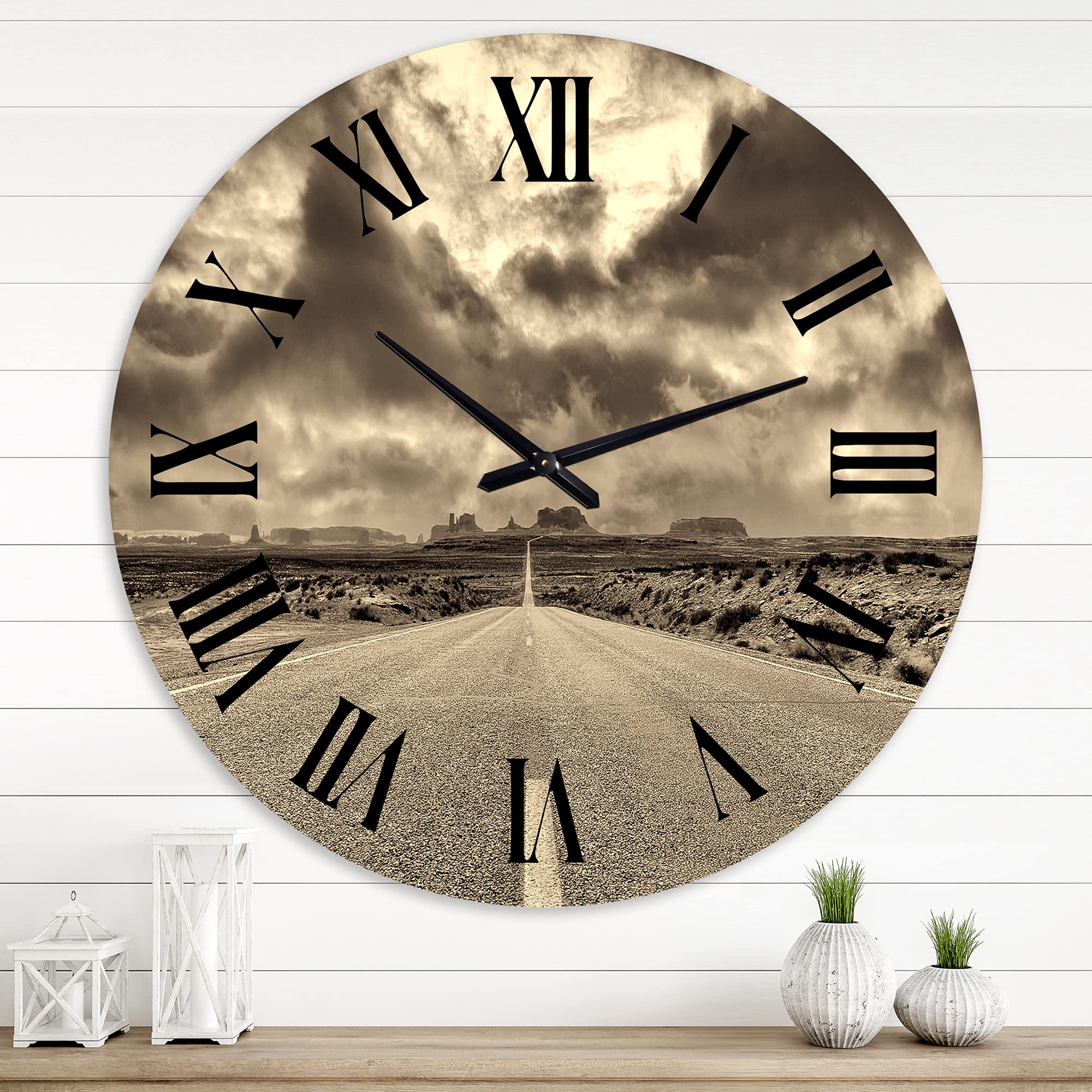 DesignQ Traditional Wall Clock 'The Road to Monument Valley' - Large Landscape & Nature Wall Clock for Living Room, Bedroom, Office Decor - Perfect for Home, Office, and Gift Giving