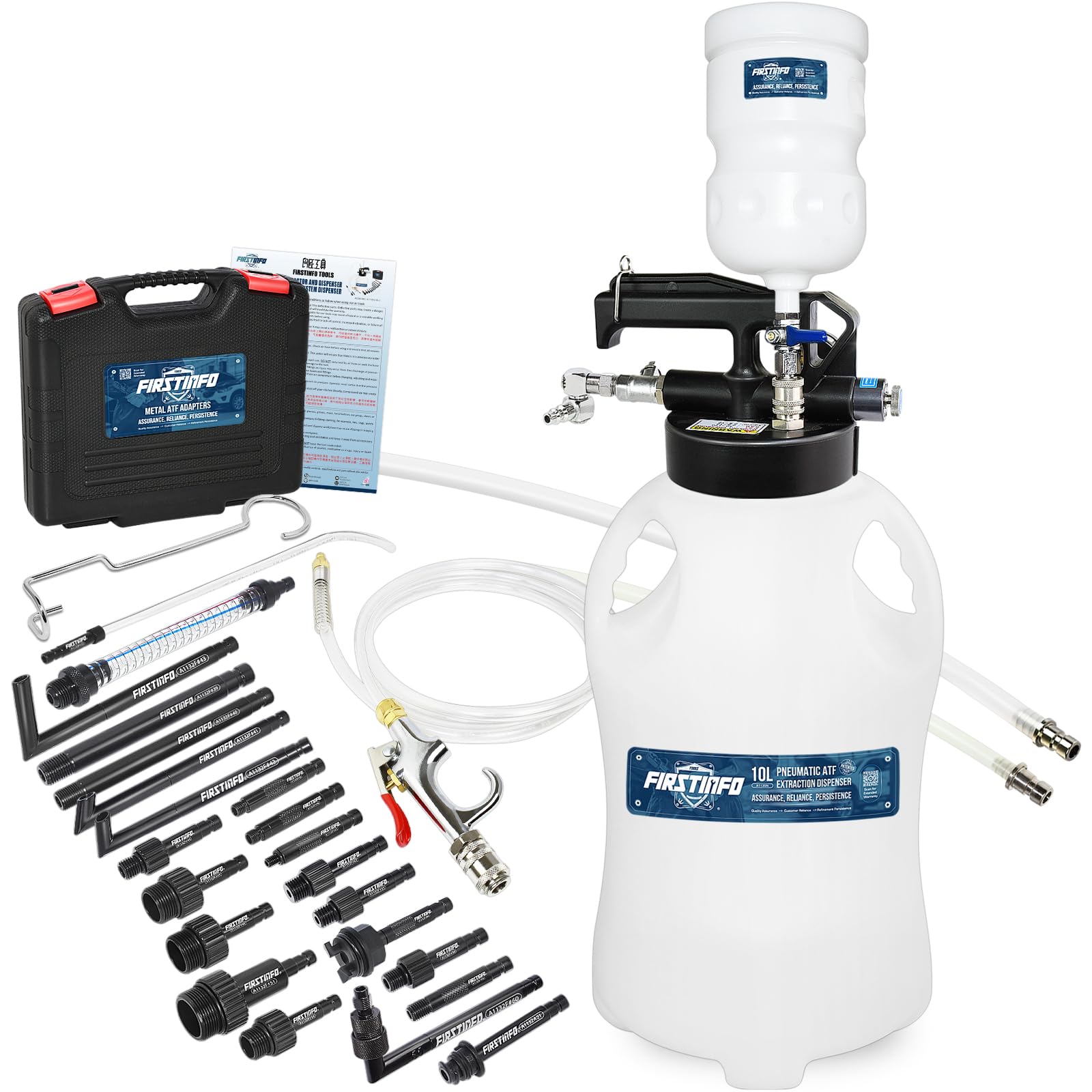 FIRSTINFO Patented 10L 22-Piece ATF Filler Adapter Kit | Pneumatic Transmission Fluid Dispenser Pump with Refilling Funnel | Perfect for Auto Shops & DIY Transmission Maintenance