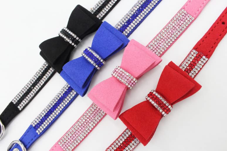 Sparkling Rhinestone Dog Collar - Adjustable Diamond Glitter Crystal Pet Collar with Bow-Knot for Small Medium Dogs | Pu Leather Puppy Cat Harness Necklace for Daily Walk, Party & Photo Shoot (Pink, Medium)