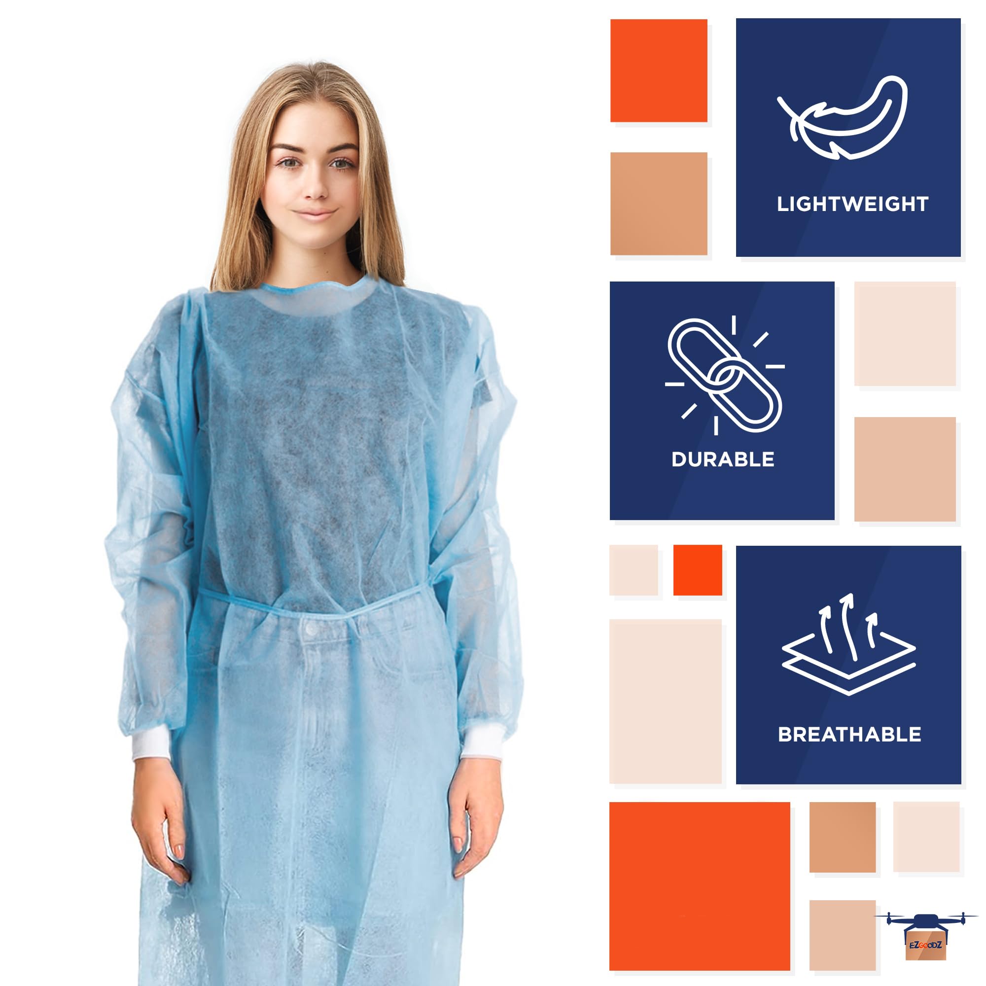 EZGOODZ Blue Disposable Isolation Gowns - 50 Pack Medical Gowns with Elastic Cuffs, Long Sleeves & Back Ties | 45 GSM SPP Material | Unisex Surgical Gowns for Men & Women | Ideal for Hospitals, Clinics & Home Healthcare Use