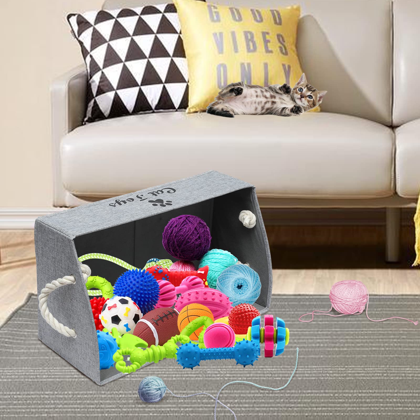 Large Cat Toy Storage Bin - Collapsible Shallow Basket for Living Room, Playroom & Closet Organization - Snow Gray Rectangle Cat Toy Box | Perfect for Pet Toys, Home Decor & Kids Room Storage