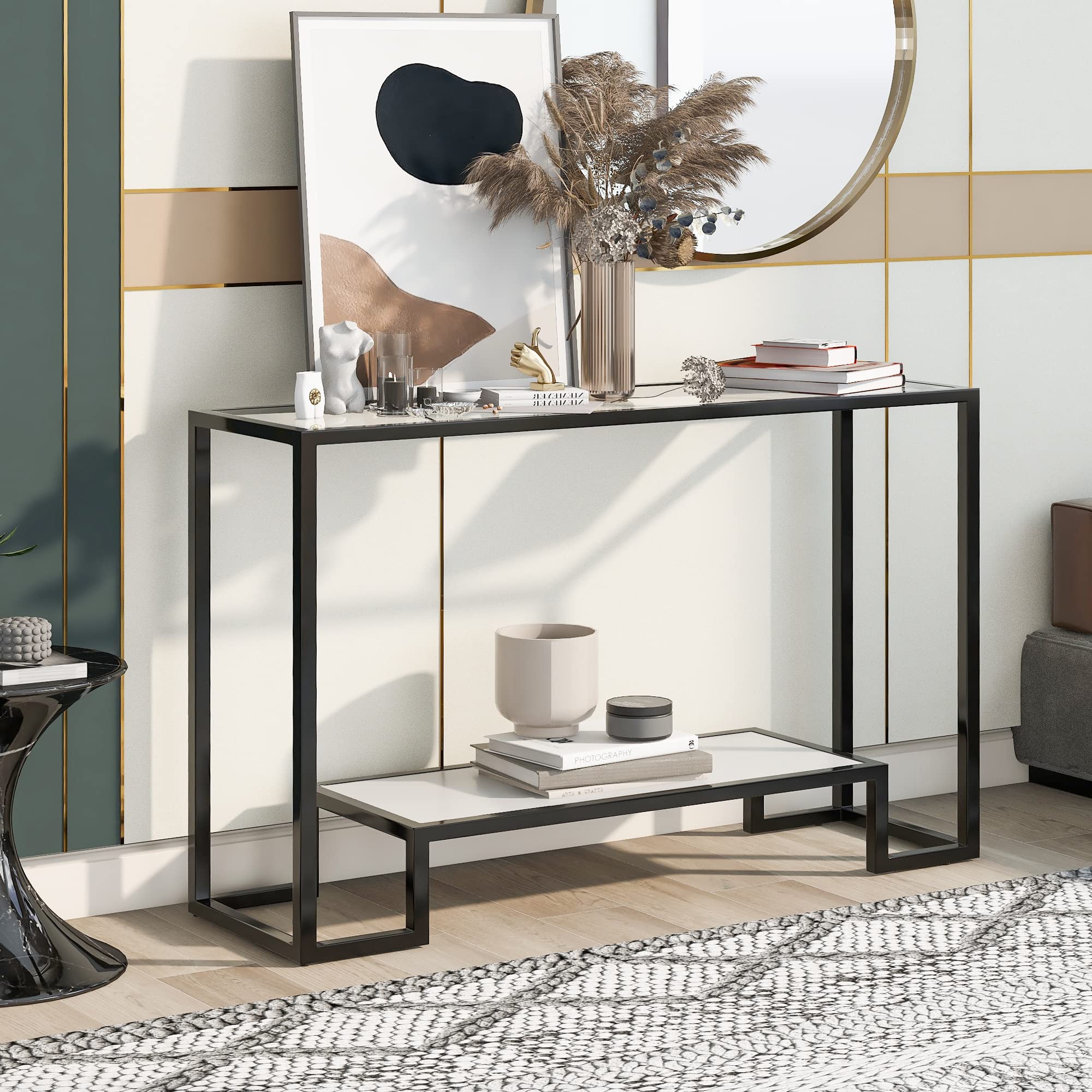 SSLine 2-Tier Adjustable Height Tempered Glass Console Table - Black Modern Sofa Table with Shelf for Hallway, Living Room & Narrow Spaces | Perfect for Entryway Decor, Behind Sofa & Small Space Furniture