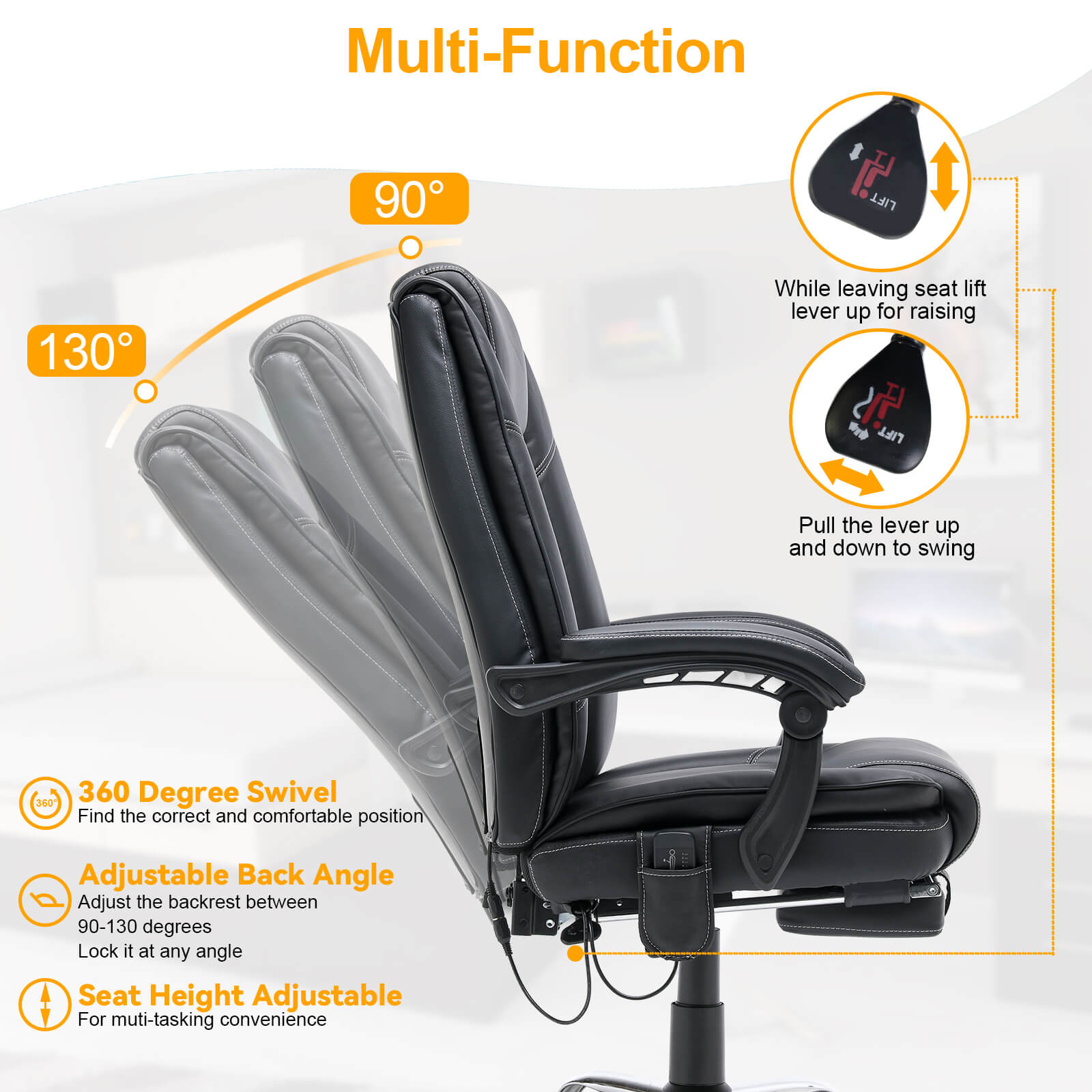 Erommy Ergonomic Office Chair with Heat and Massage, Reclining with Footrest - Black - Perfect for Home Office, Gaming, and Relaxation
