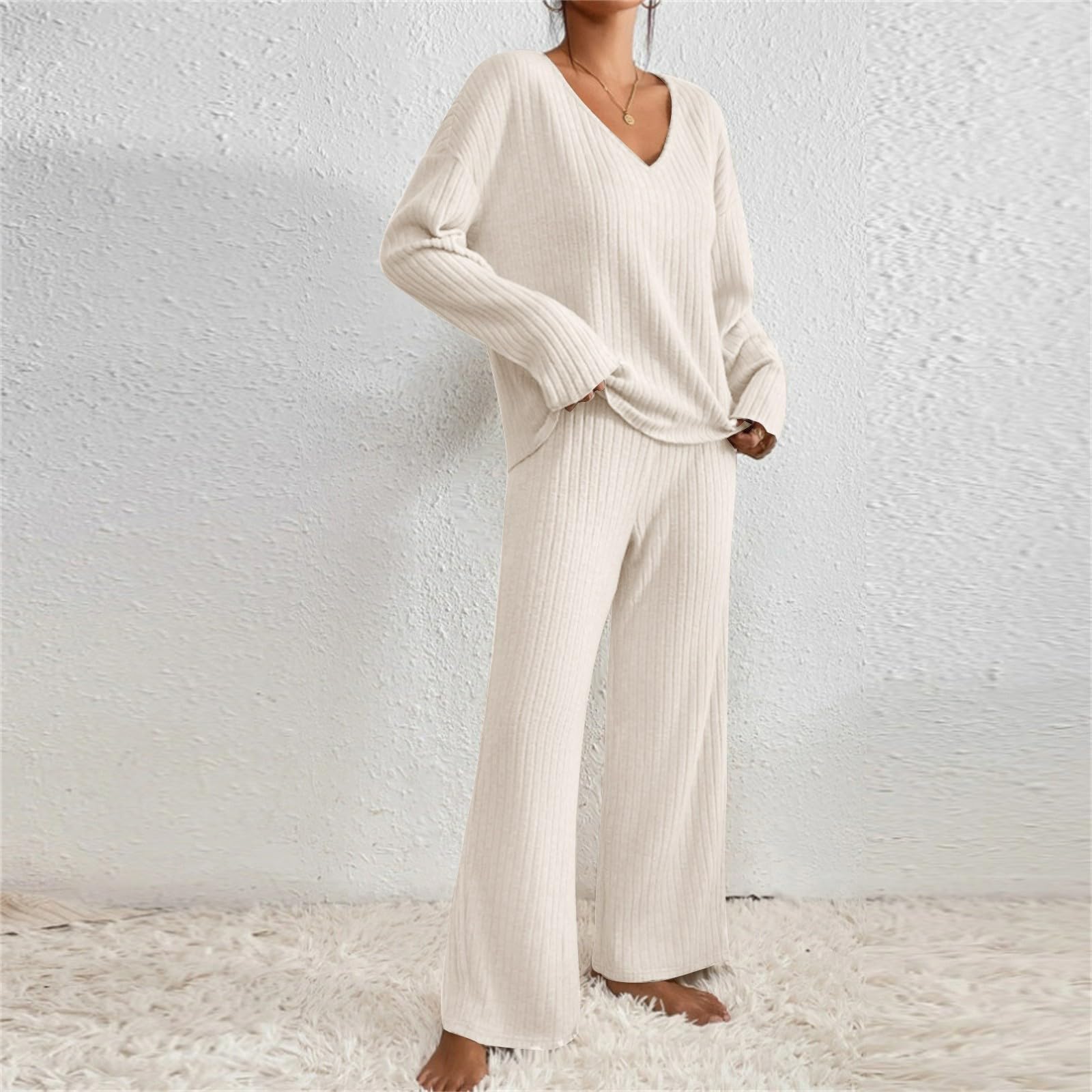 Women's 2-Piece Ribbed Knit Lounge Set - Long Sleeve Top & Pants Pajama Set | Soft Casual Sleepwear for Fall & Winter | Perfect for Home Relaxation, Lounging & Sleepovers