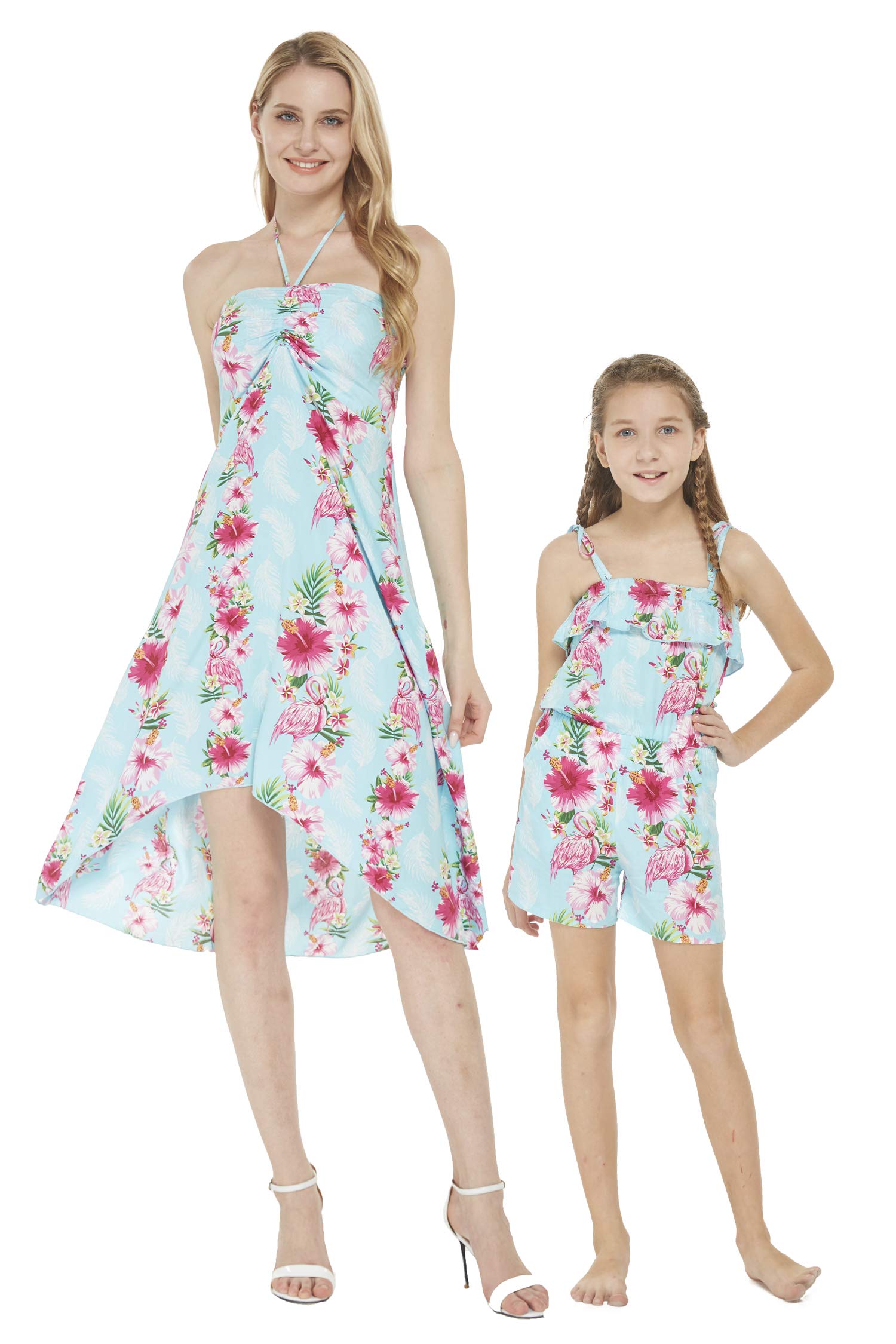 Hawaiian Luau Mother Daughter Matching Outfits - Pink White Hibiscus Vine Floral Dress & Romper Set for Beach Party, Family Vacation, and Summer Photoshoot