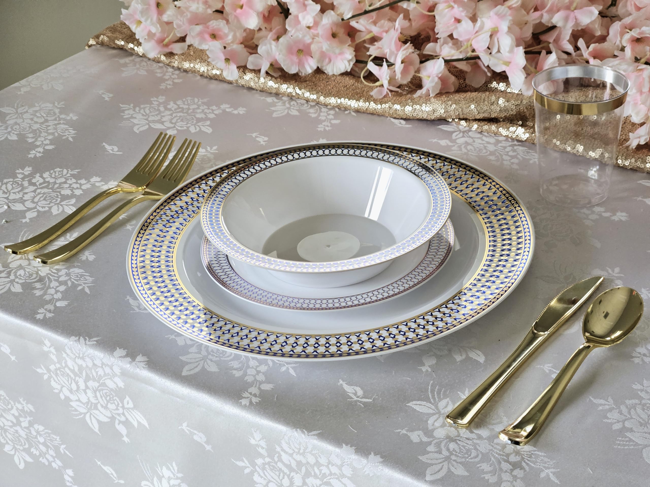 60 Heavyweight Disposable Plastic Plates (7.5'') - Elegant White/Blue & Gold Wedding Party Appetizer Dessert Plates for Special Occasions, Events & Celebrations