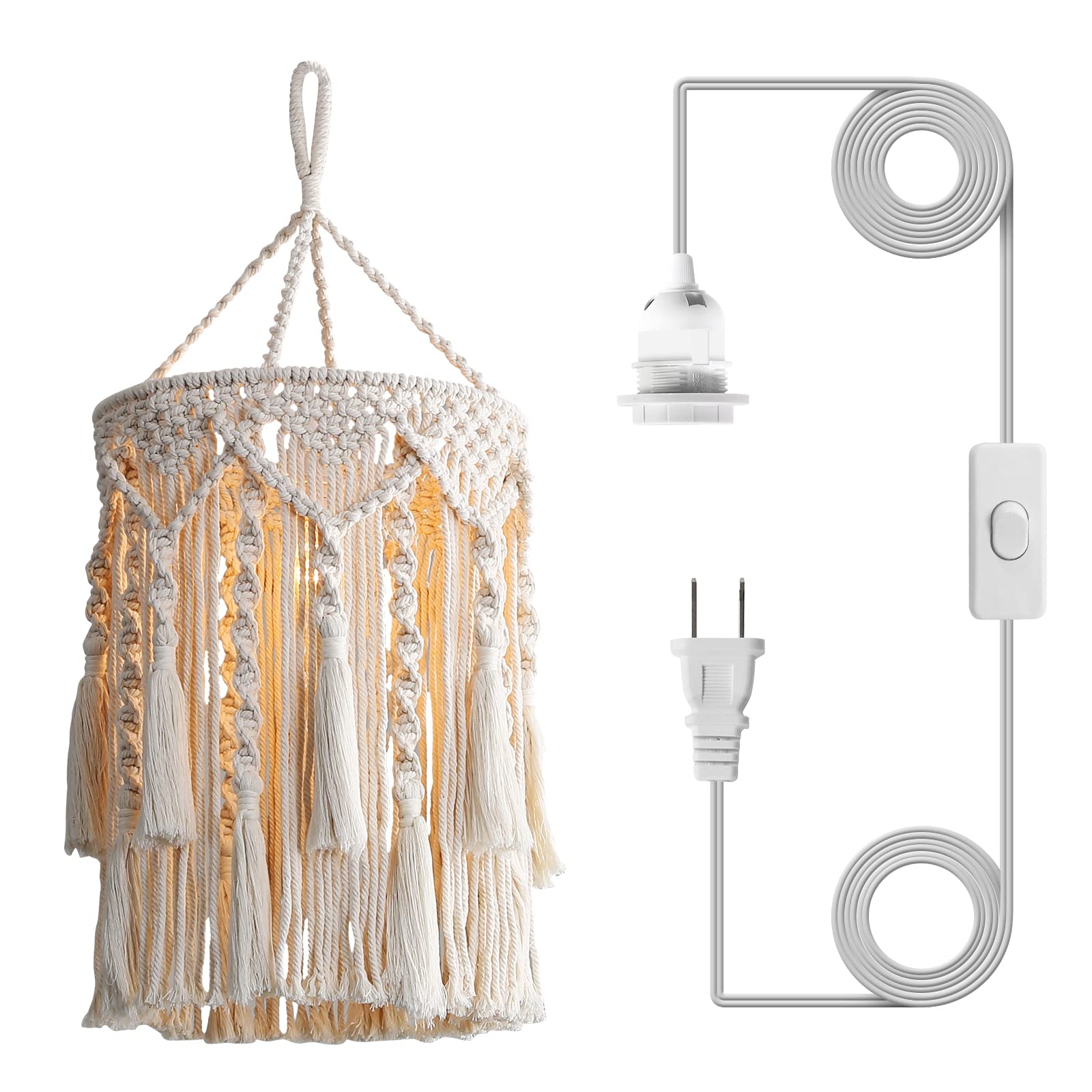 Boho Lamp Shade - Handmade Macrame Pendant Light with Plug in Cord, Bohemian Hanging Lamp for Bedroom & Living Room Decor - Perfect for Cozy Boho Home Ambiance (Type 3)