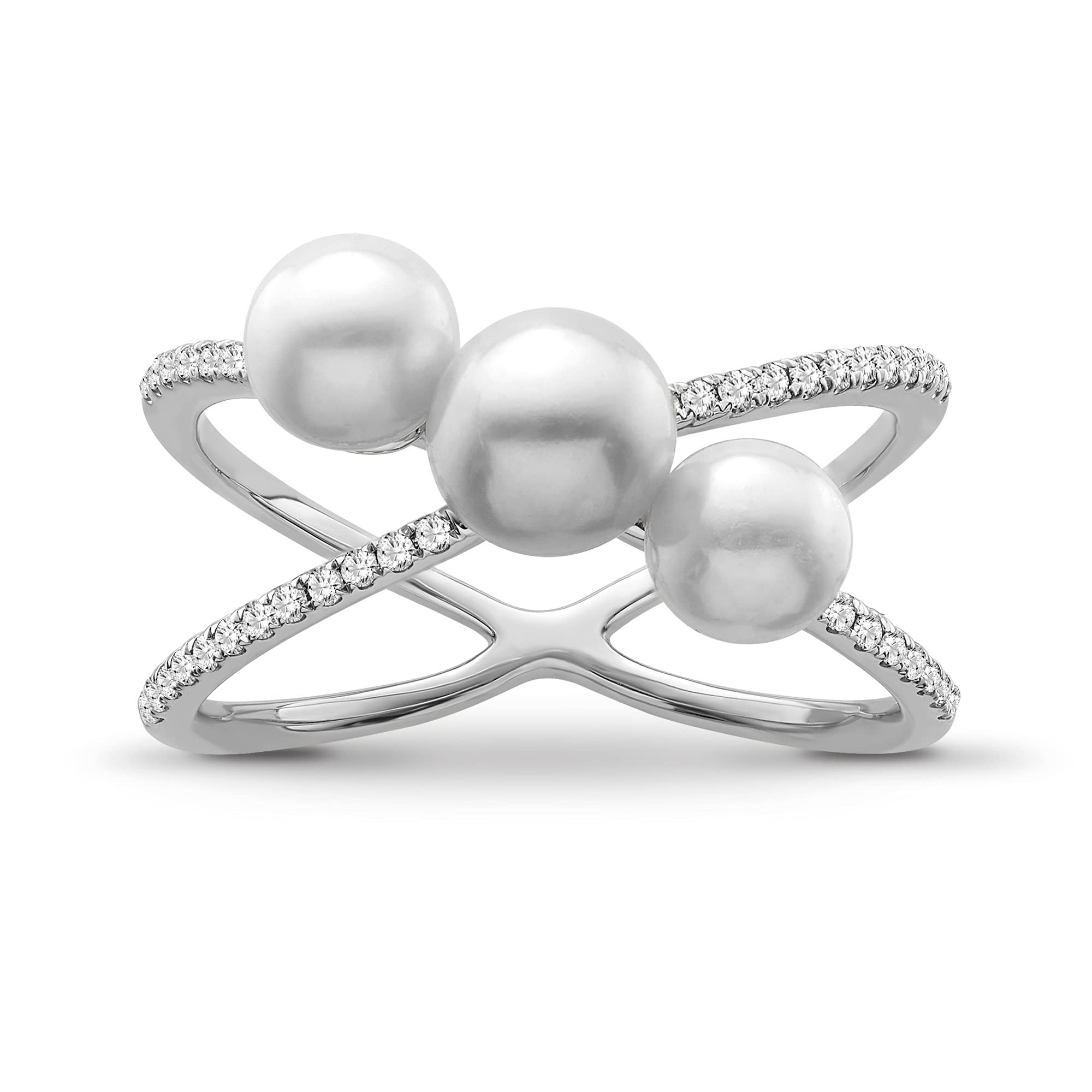 Sterling Silver Diamond & Freshwater Pearl Band Ring - 1/6 CTTW I-J Color I2-I3 Clarity - Size 7 - Elegant Jewelry for Weddings, Anniversaries & Special Occasions