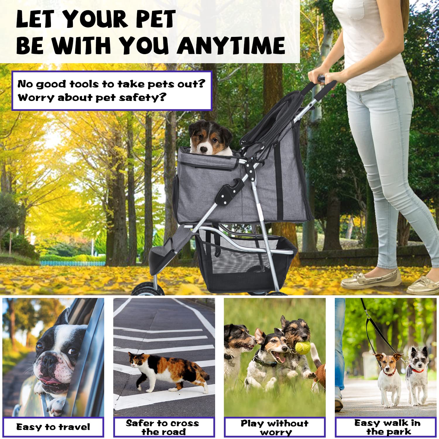 Lightweight Waterproof Folding Dog Stroller for Small & Medium Dogs & Cats - Travel Pet Stroller with Storage Basket, Grey | Perfect for Outdoor Walks, Vet Visits & Shopping Trips