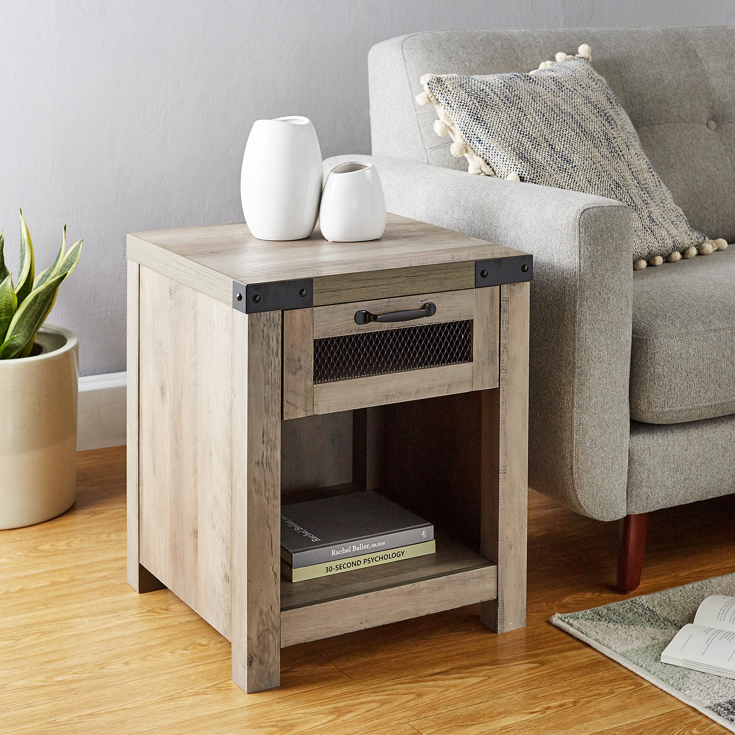 Industrial Style End Table with Drawer - Grey Wash Finish for Living Room, Bedroom, or Office Decor