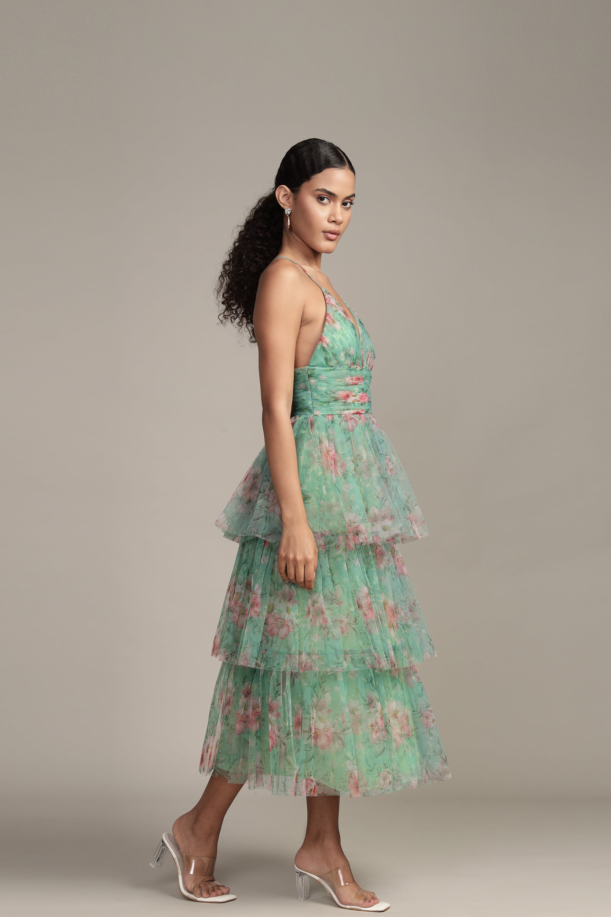 Odette Floral Midi Dress - Women's Green Floral Print Summer Dress for Casual Wear, Garden Party & Vacation Outfits