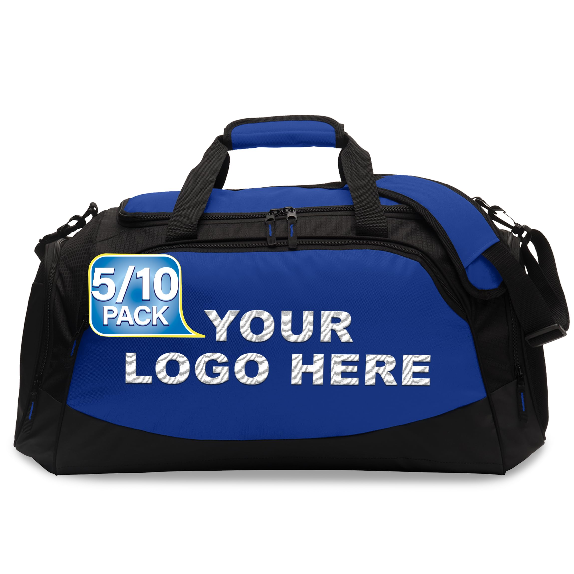 Custom Embroidered Sport Duffel Bag - 5/10 Pack Medium Gym Travel Bag (True Royal Black) for Workouts, Team Sports & Weekend Getaways