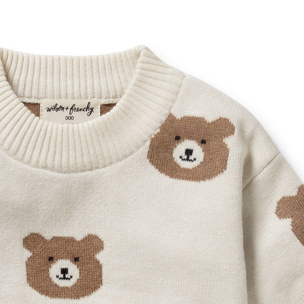 Beary Cute Organic Cotton Knitted Jacquard Sweater - Cozy Winter Pullover for Women & Girls