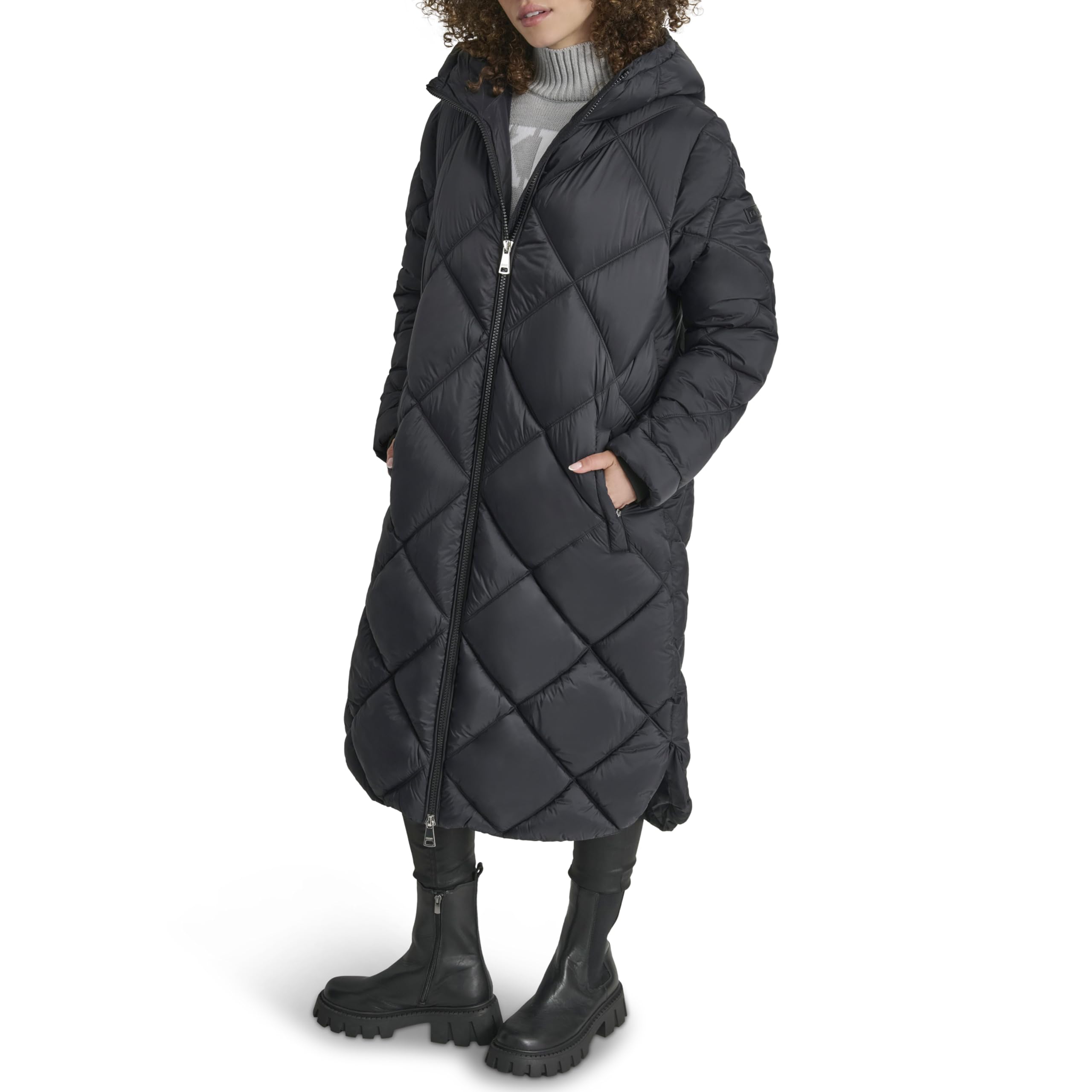 DKNY Women's Hooded Diamond Quilt Long Puffer Jacket - Winter Warm Coat for Casual Outings, Travel & Outdoor Activities