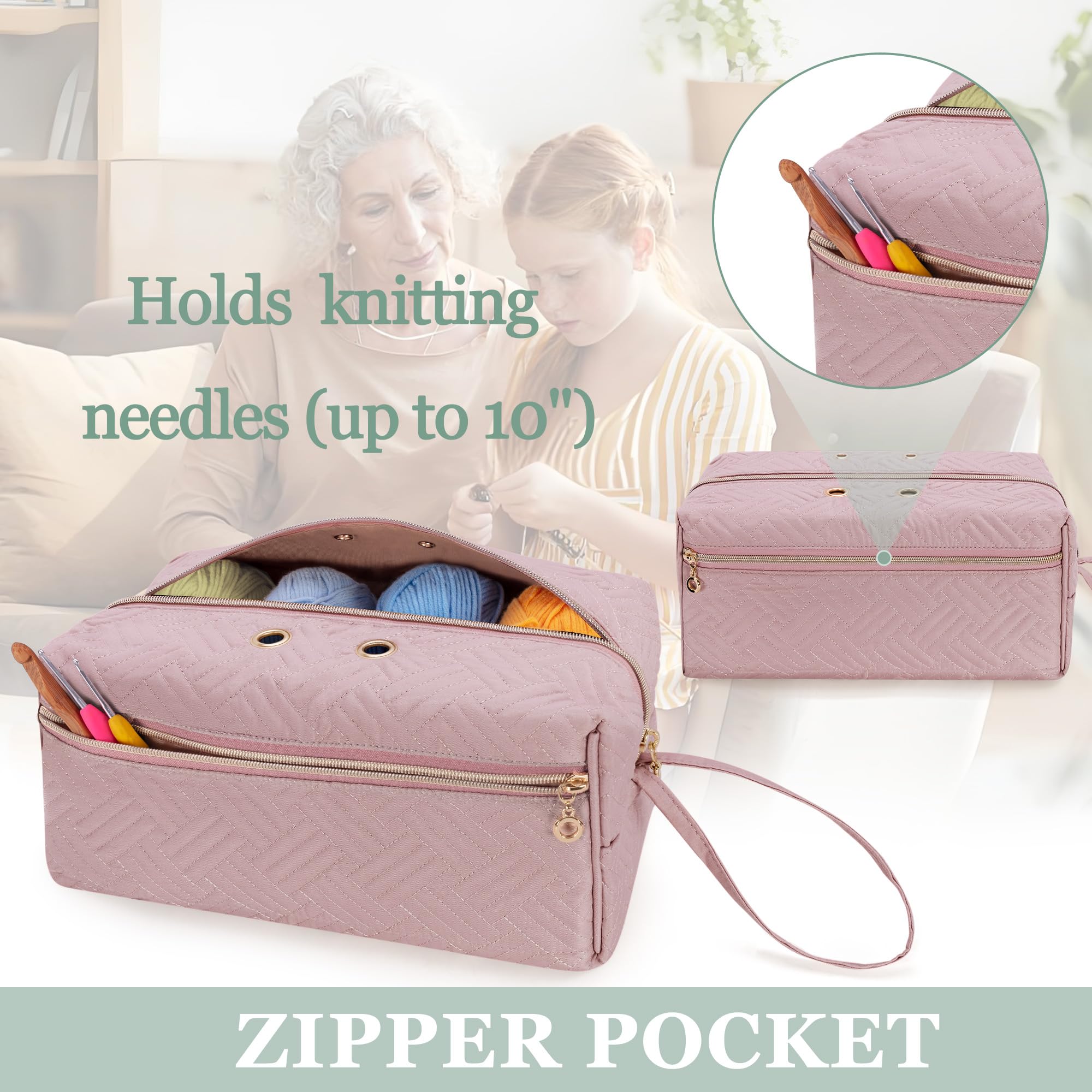 LUXJA Large Pink Yarn Storage Bag - Knitting Bag Organizer for Yarn Skeins, Crochet Hooks & 10-Inch Knitting Needles - Perfect for Crochet Projects, Knitting Supplies & Craft Storage at Home or Travel
