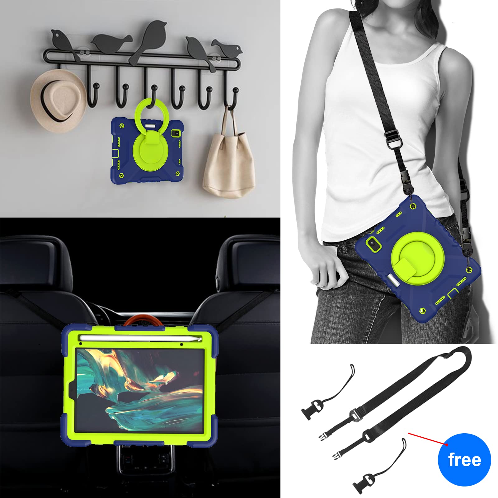 2024 iPad Mini 7 & 2021 iPad Mini 6 Case with Built-in Pencil Holder, 360° Rotating Handle Stand - Shockproof Protective Cover for 8.3 Inch iPad Mini 7th/6th Generation (Navy+Green) - Perfect for Work, Travel & Drawing