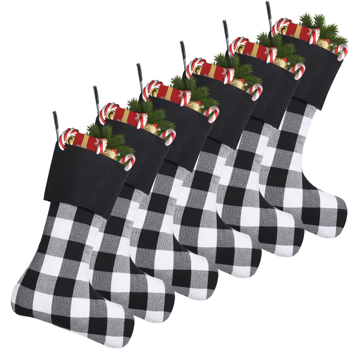 6 Pack Christmas Stockings - 18 Inch Buffalo Plaid Personalized Stockings for Family Holiday Decor | Xmas Party Decorations (Black Cuff/Black & White Plaid) - Perfect for Fireplace Mantel, Gift Giving & Festive Home Decor