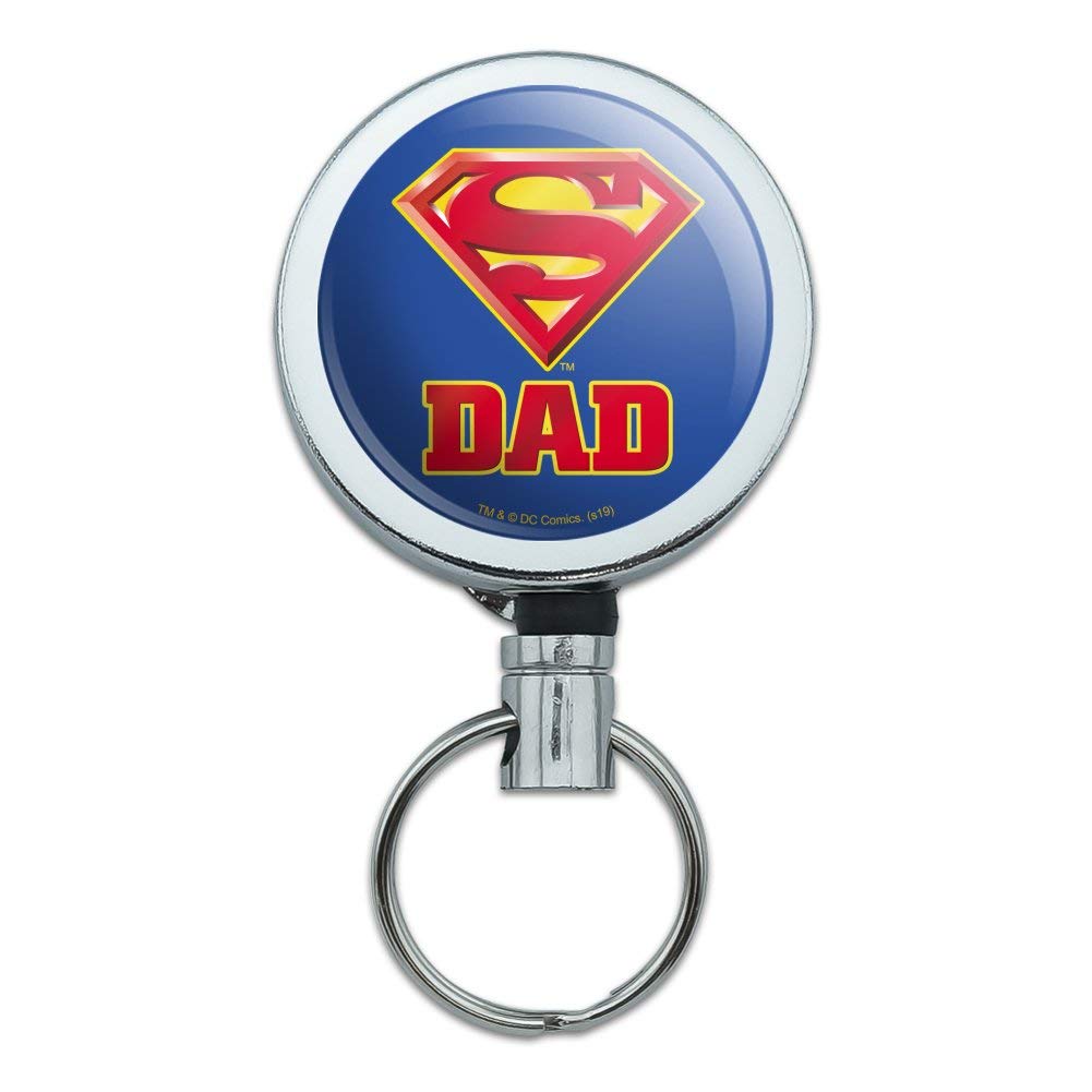 Superman Super Dad Shield Logo Heavy Duty Metal Retractable ID Badge Holder with Belt Clip - Key Card Tag Organizer for Work, Security & Office Professionals