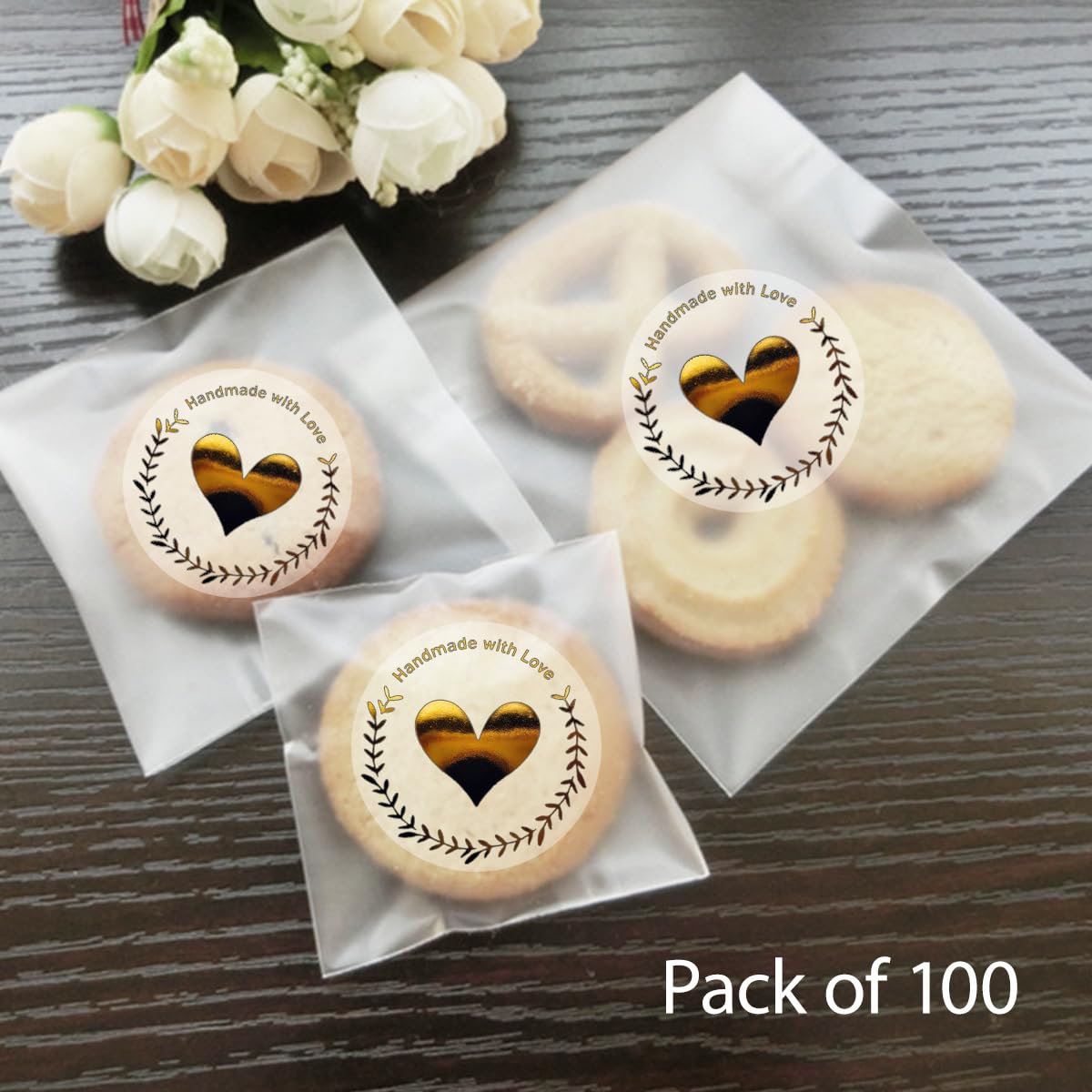 100 Pack Handmade Rose Gold Foil Stickers - 1.6 Inch Premium Business Labels for Packaging, Branding & Small Business Support - Waterproof Transparent Decals for Gift Wrapping, Scrapbooking & Product Branding
