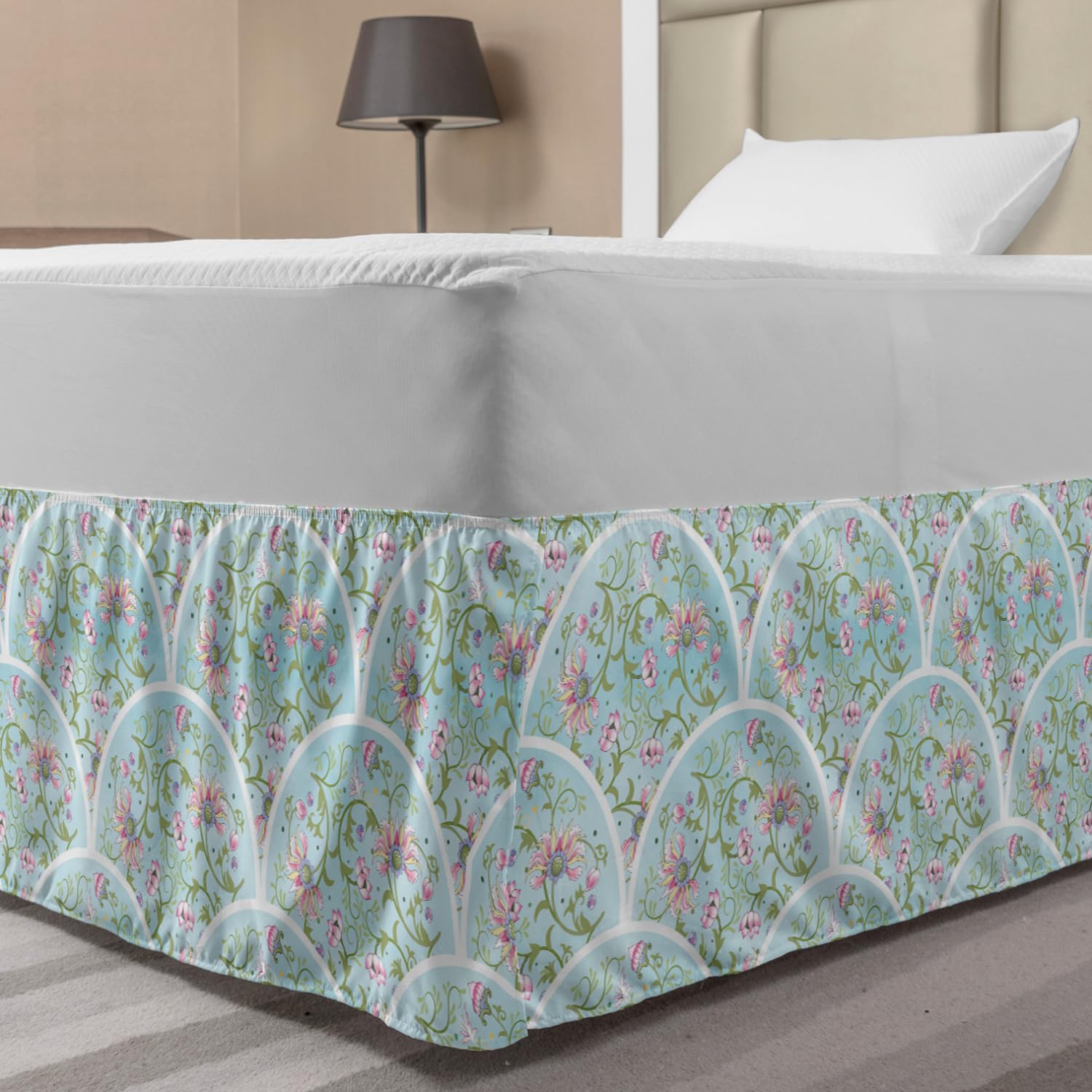 Ambesonne Floral Bed Skirt - Elegant Chinese Oriental Blossom Flowers in Arching Frames, Wrap Around Elastic Gathered Design for Full Size Bed, Pale Blue & Multicolor - Perfect for Bedroom Decor, Guest Room Styling and Home Makeover