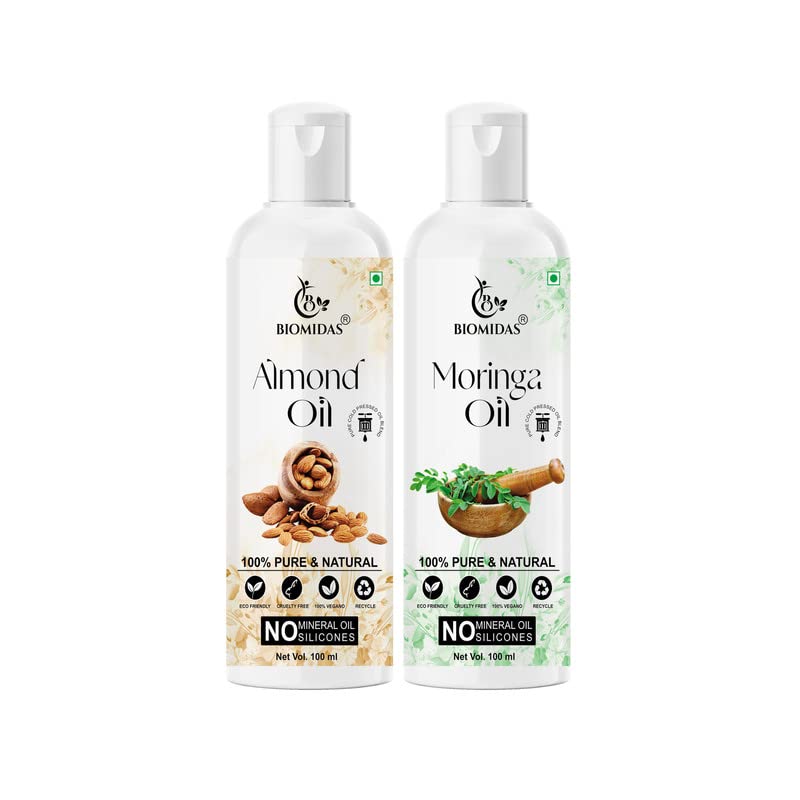Biomidas 100% Pure Almond Oil & Moringa Oil Combo (100ML Each) - Promotes Rapid Hair Growth, Reduces Hair Fall, Repairs Split Ends for Softer & Shinier Hair - Perfect for Daily Hair Care & Scalp Massage (Pack of 2)