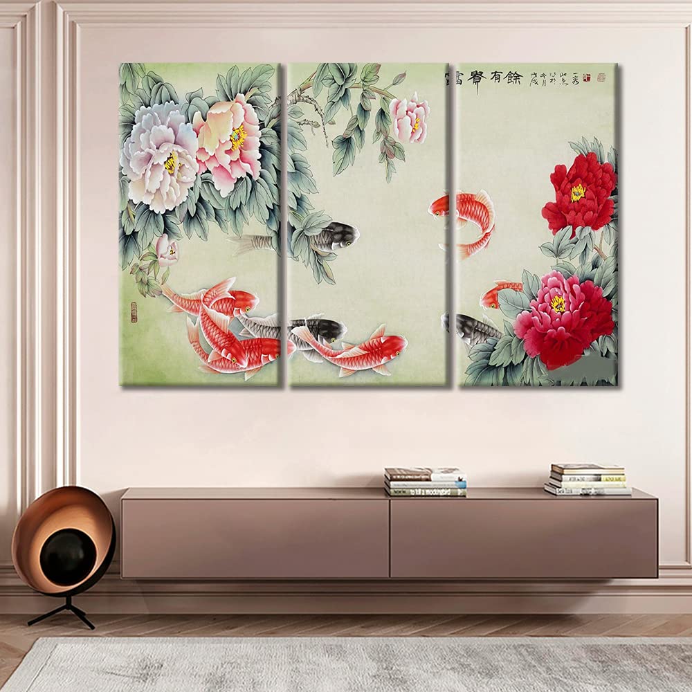 Stunning 3-Piece Chinese Ink Koi Peonies Canvas Wall Art - 60
