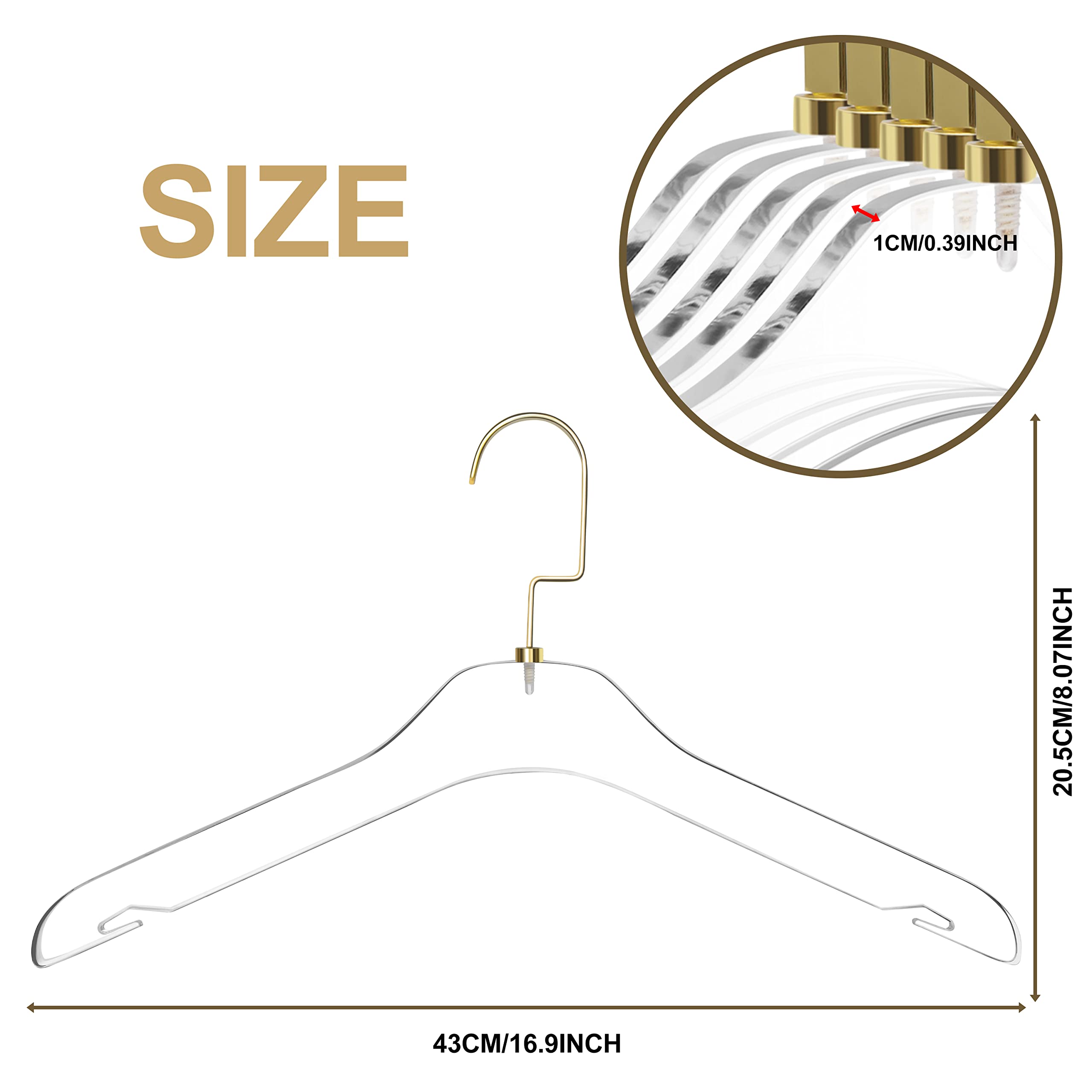 50 Premium Clear Acrylic Clothes Hangers with Gold Hooks - Heavy Duty Space Saving Coat Hangers for Dresses, Suits & Closet Organization - Perfect for Wardrobe, Retail Stores & Travel Packing (Gold Hook, 50 Pack)