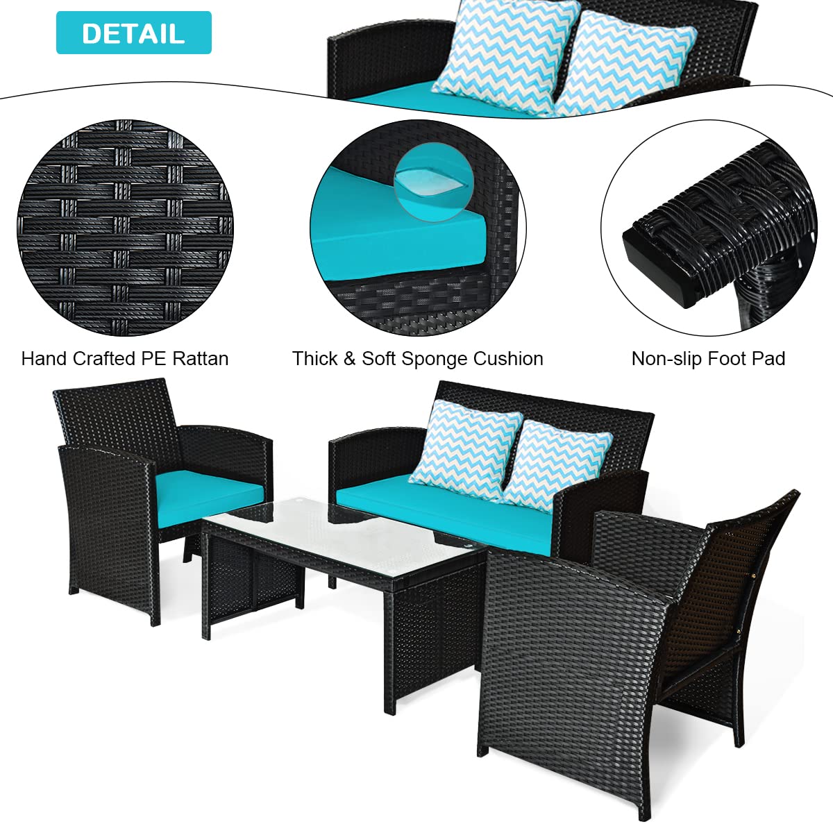 COSTWAY 4-Piece Outdoor Rattan Patio Furniture Set with Cushions & Glass Coffee Table - Wicker Sofa Conversation Set for Backyard, Porch, Garden, Lawn (Turquoise) | Perfect for Relaxing, Entertaining & Outdoor Dining