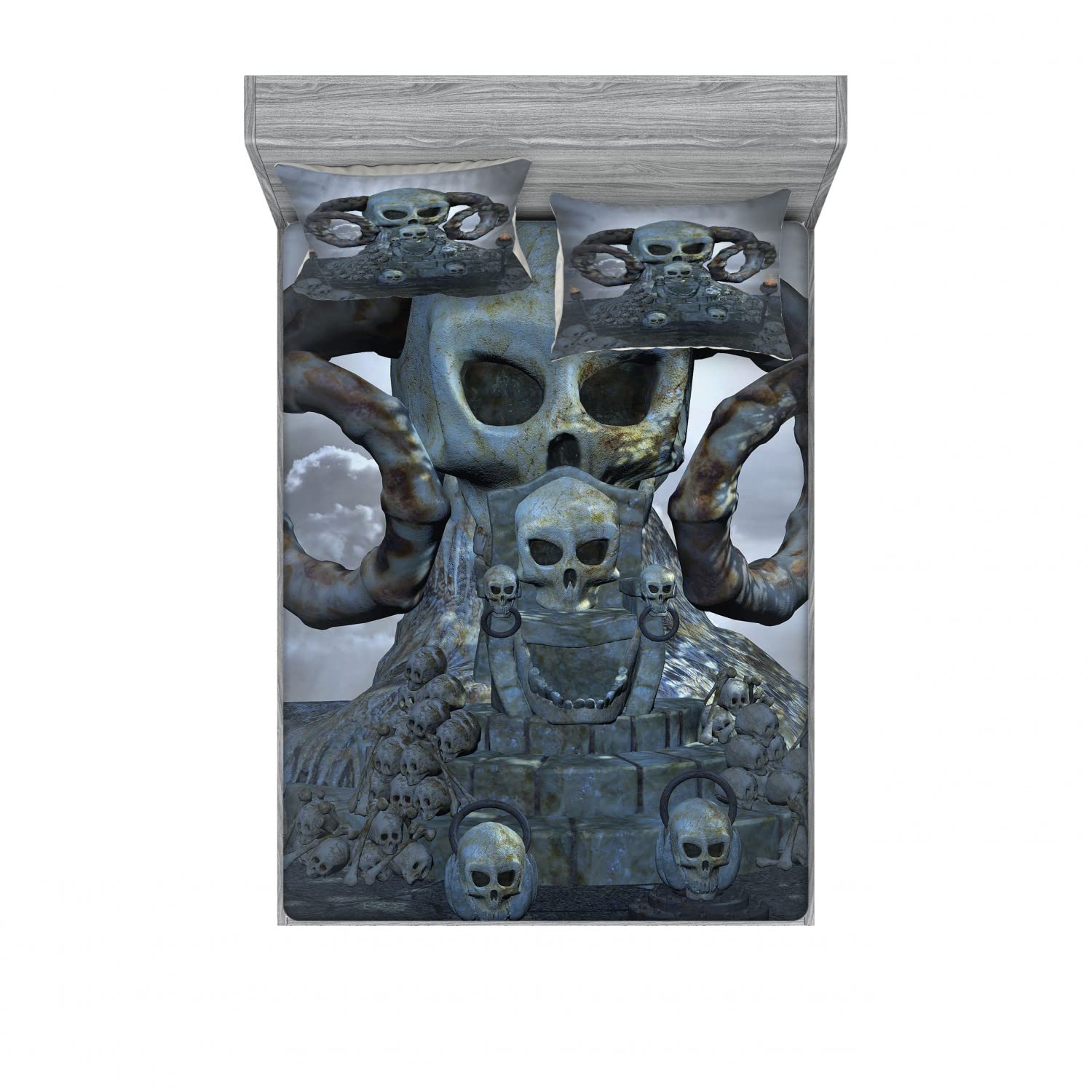 Ambesonne Gothic Skull 2-Pack Queen Size Fitted Sheet & Pillow Sham Set - Scary Horns & Graves Design, 4-Piece Halloween Bedding Decor (2 Fitted Sheets + 4 Pillow Covers) in Blue-Grey - Perfect for Spooky Bedroom, Haunted House Decor & Halloween Party Themes