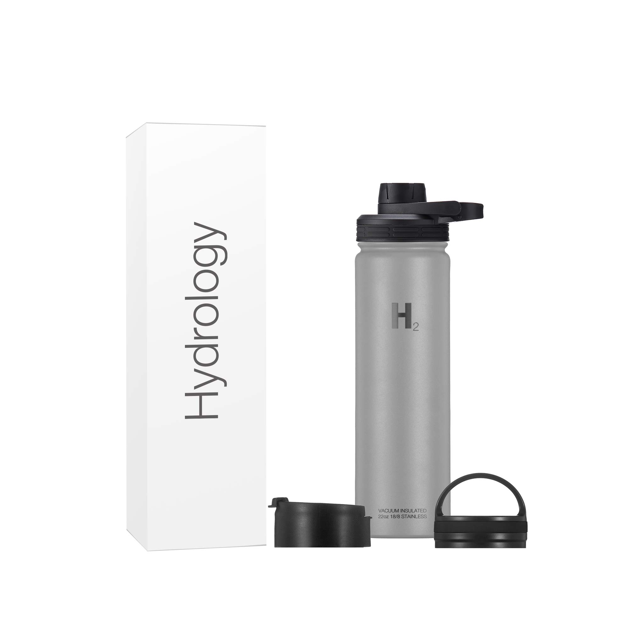 **H2 Hydrology Insulated Stainless Steel Water Bottle - 22oz Hot & Cold Thermos, Wide Mouth Sports Flask with 3 Lids, Leakproof Vacuum Double Wall Design (Graphite) - Perfect for Gym, Hiking & Outdoor Adventures**
