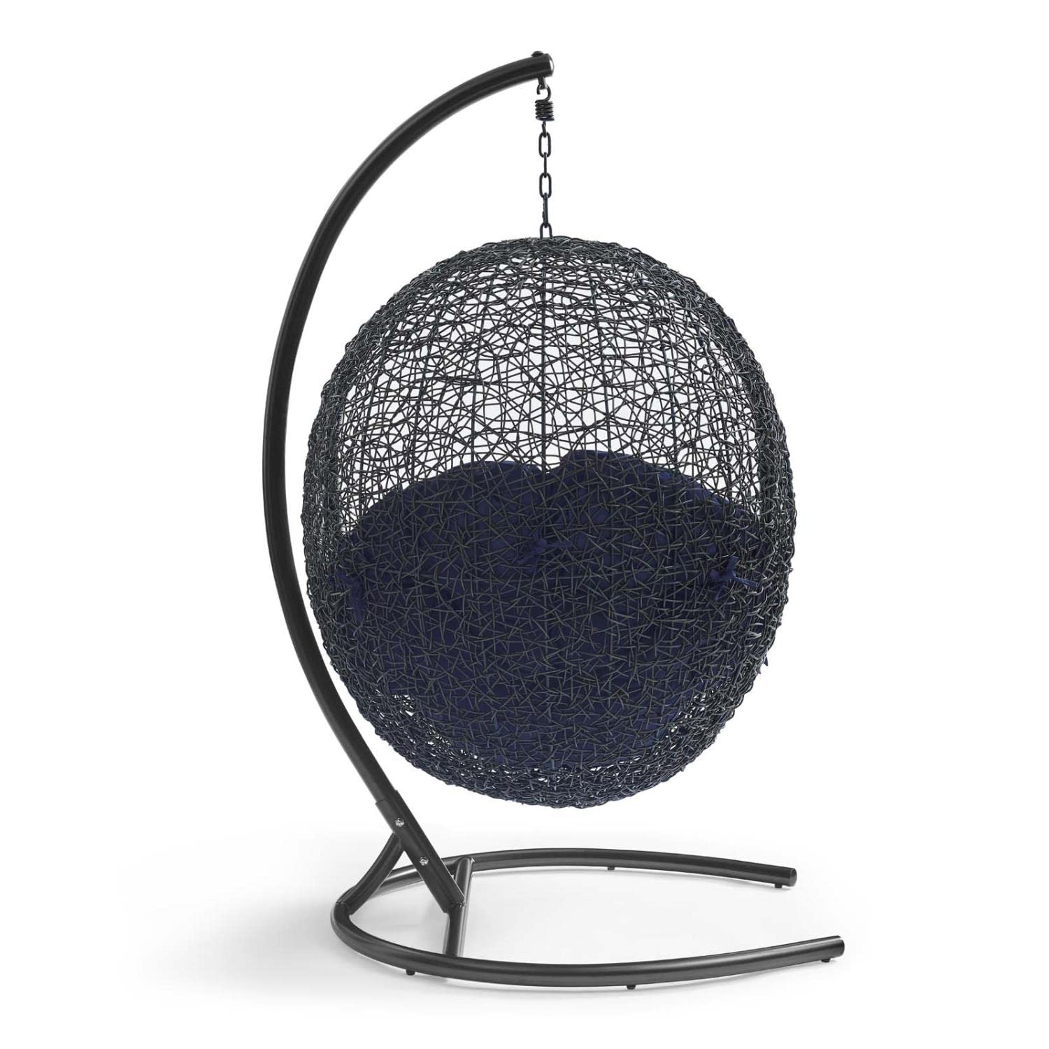 Modway EEI-3943-BLK-NAV Outdoor Egg Swing Chair - Wicker Rattan Hanging Chair with Stand, Sunbrella Fabric in Black & Navy - Perfect for Patio, Porch, Garden, or Backyard Relaxation