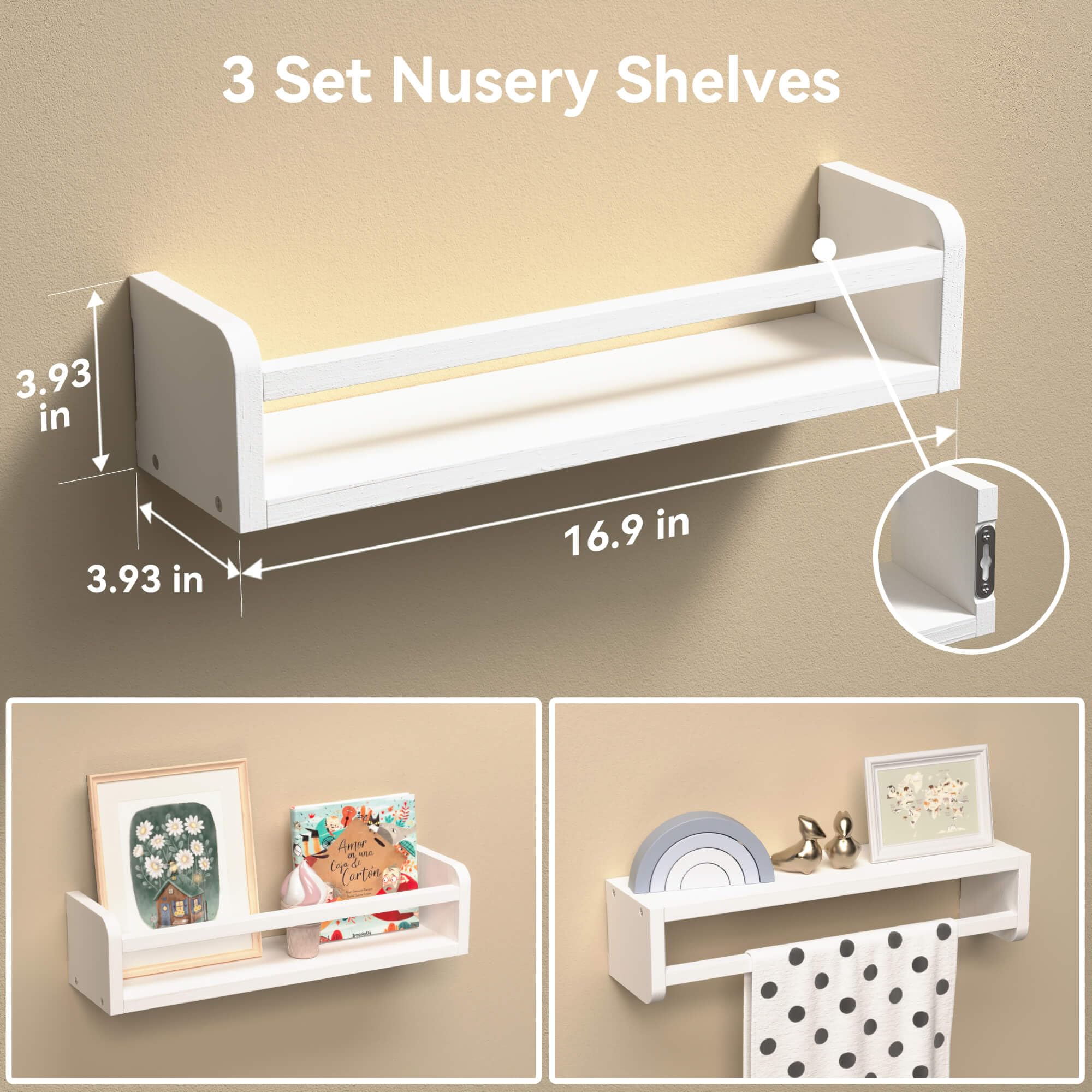White Floating Shelves Set of 3 - Wall Mounted Nursery Bookshelf for Kids Room Storage & Toddler Bedroom Decor | Perfect for Organizing Books, Toys, and Displaying Nursery Essentials in Baby Rooms