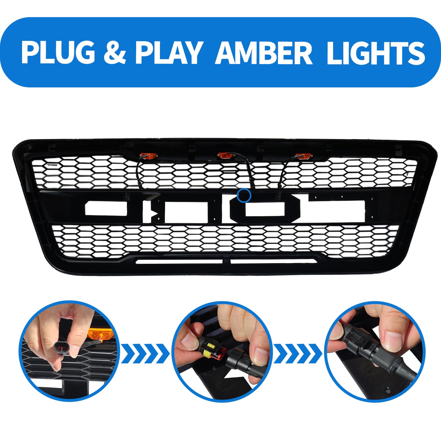 Ford F150 Front Grille Replacement 2004-2008 | Raptor Style Mesh Grill with 3 Amber LED Lights | Matte Black | Perfect for Off-Roading & Truck Customization