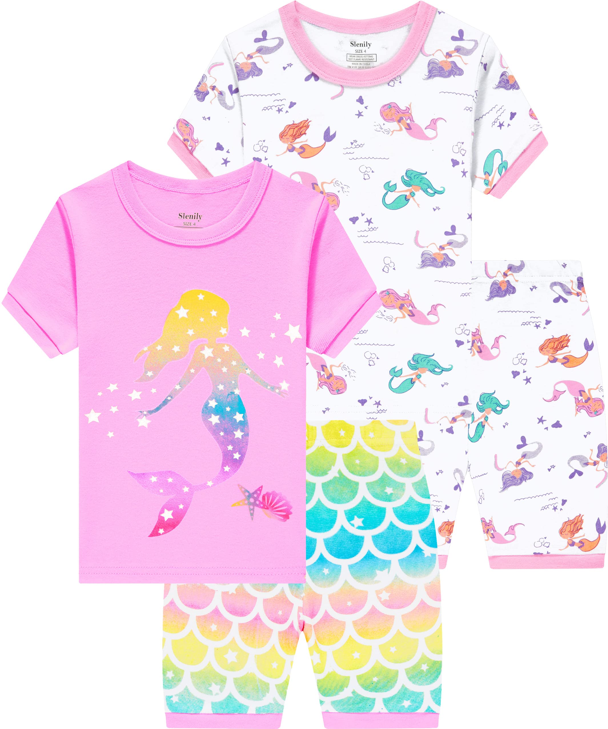 Girls Summer Cotton Pajama Set - Mermaid & Unicorn Print Toddler Sleepwear with Short Sleeves | Soft Kids PJS for Bedtime & Sleepovers
