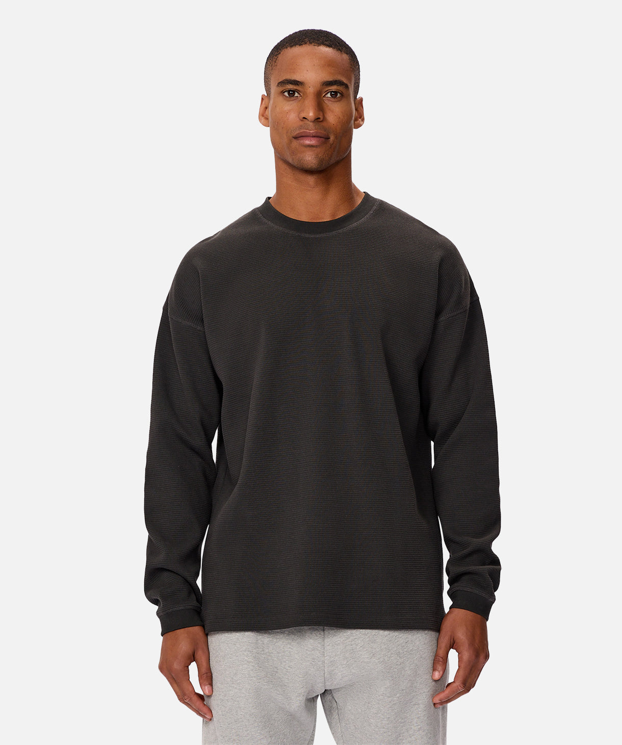 Bridgeport Waffle Long Sleeve T-Shirt for Men - Soft Thermal Crewneck Top in Obsidian Black | Casual Winter Wear & Layering Essential