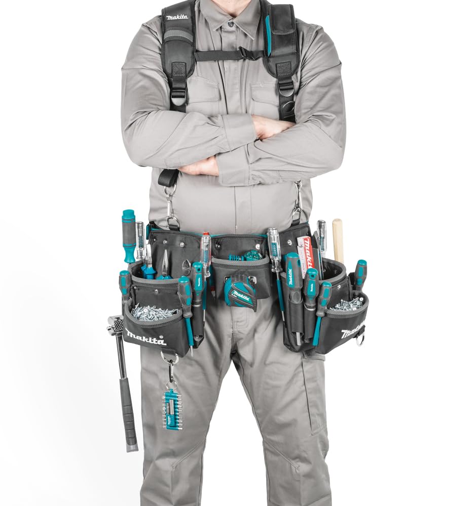 Makita E-15229 Professional 3-Pouch Tool Belt Set for Carpenters & Construction Workers - Durable Work Belt with Hammer Loop & Utility Pockets for Tools Organization on Job Sites