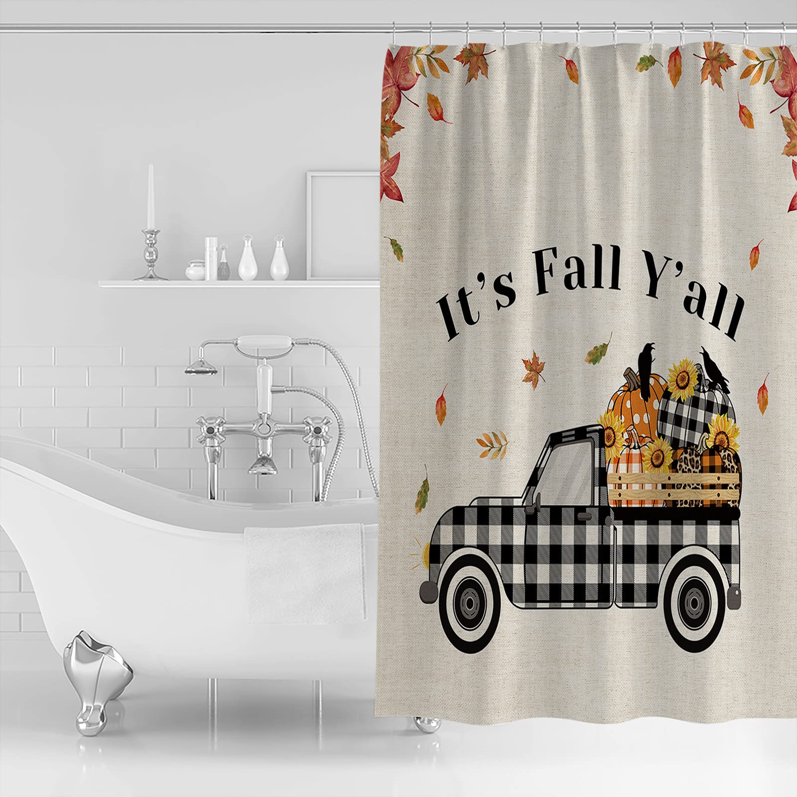 Thanksgiving Checkered Truck Pumpkin Waterproof Shower Curtain Set - 36 x 72 Inch Fall Bathroom Decor with Burlap Texture, Polyester Fabric & 12 Hooks - Perfect for Autumn, Farmhouse or Rustic Style Bathrooms