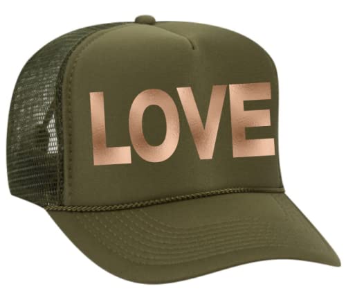 Trendy Olive Green Love Trucker Hat for Men & Women - Vintage Style Adjustable Snapback Cap for Outdoor Activities, Music Festivals & Casual Wear