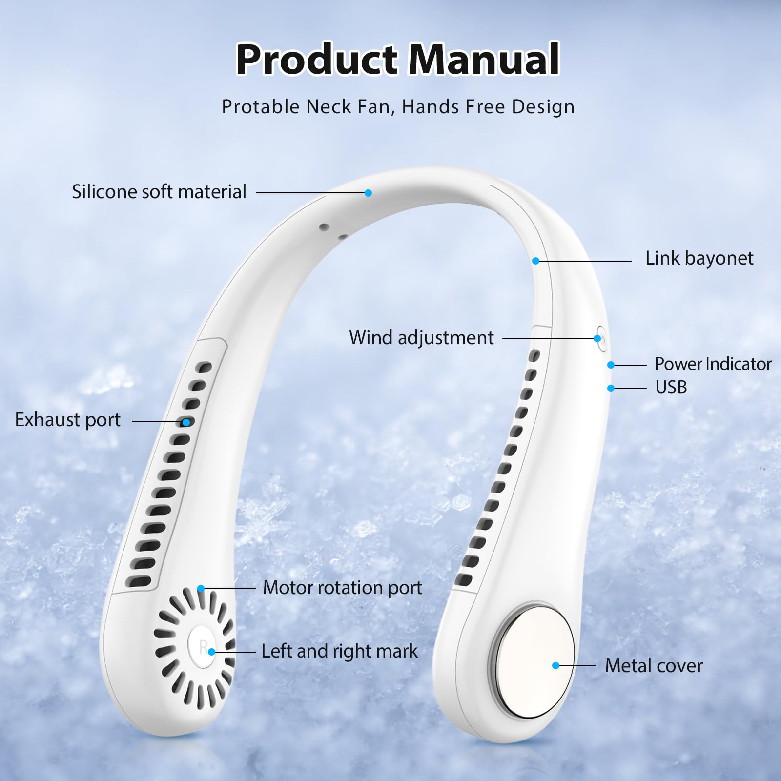 Portable Neck Fan with 360° Cooling Airflow - USB Rechargeable, Bladeless, 3 Speed Settings - Hands-Free Wearable Fan for Sports, Office, Travel, Gym & Outdoor Activities - Quiet Personal Cooling Fan for Summer Heat Relief