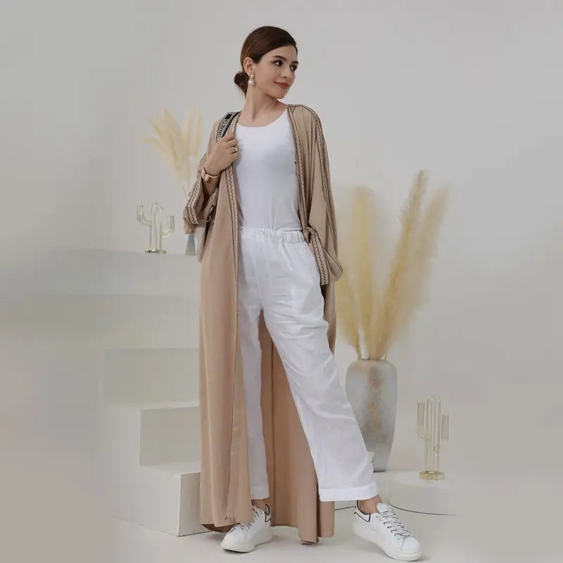 Elegant Embroidered Lace Cardigan Open Abaya Dress for Muslim Women - Modest Islamic Fashion for Prayer, Wedding & Special Occasions