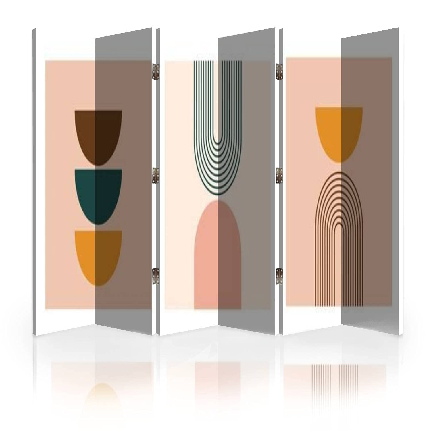 Mid Century Modern Canvas Room Divider Screen - Set of 3 Geometric Art Prints, Neutral Folding Privacy Partition with 6 Panels, Multicolor | Perfect for Home Office, Studio, or Bedroom Space Separation