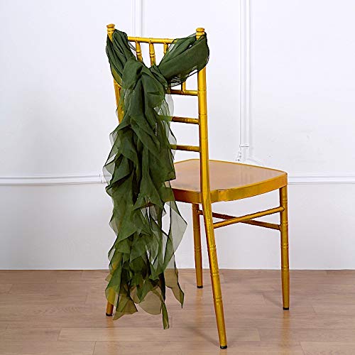 50 Pack Olive Green Premium Curly Chiffon Chair Covers with Sashes - Elegant Wedding, Party & Reception Decorations - Perfect for Banquets, Bridal Showers & Formal Events