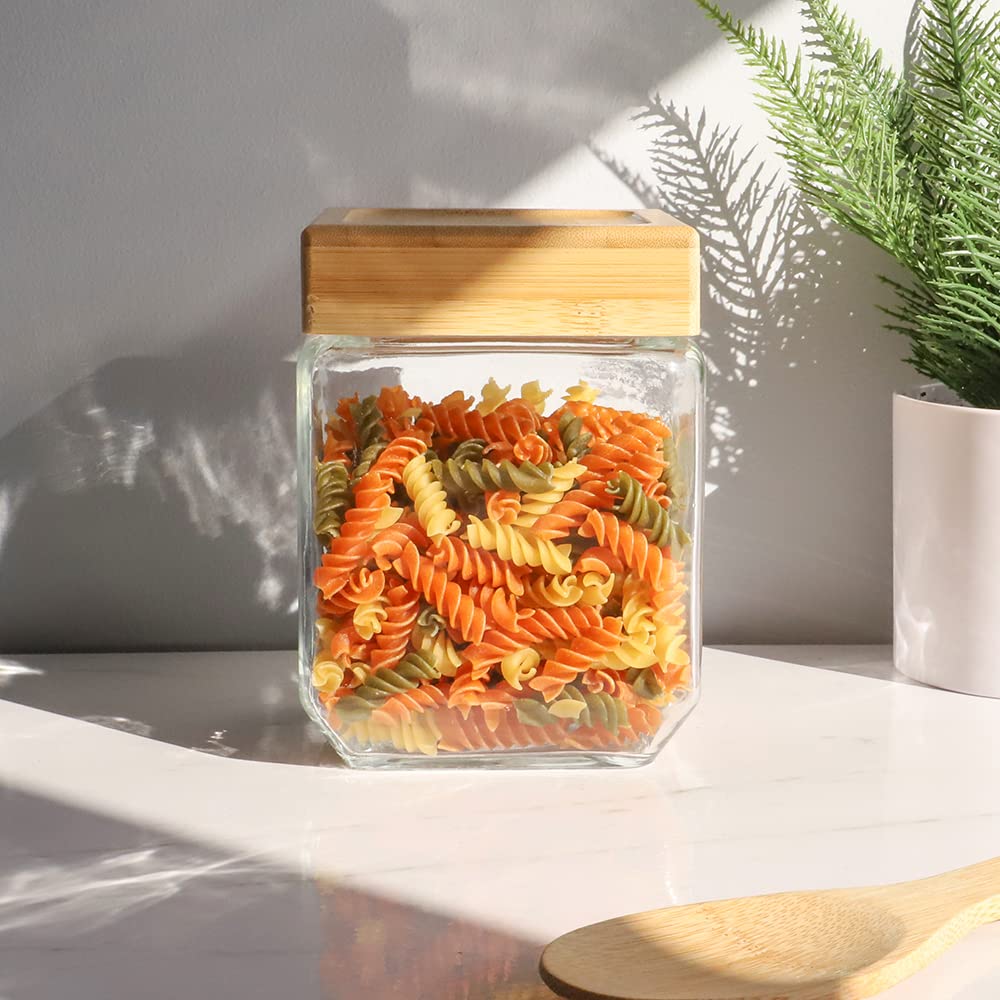 Premium Square Glass Canister with Bamboo Lid - 42oz Airtight Food Storage Container for Kitchen Pantry | Thick Durable Glass Jar for Coffee, Tea, Sugar, Flour, Snacks & Craft Supplies | Ideal for Home Organization & Gift Giving