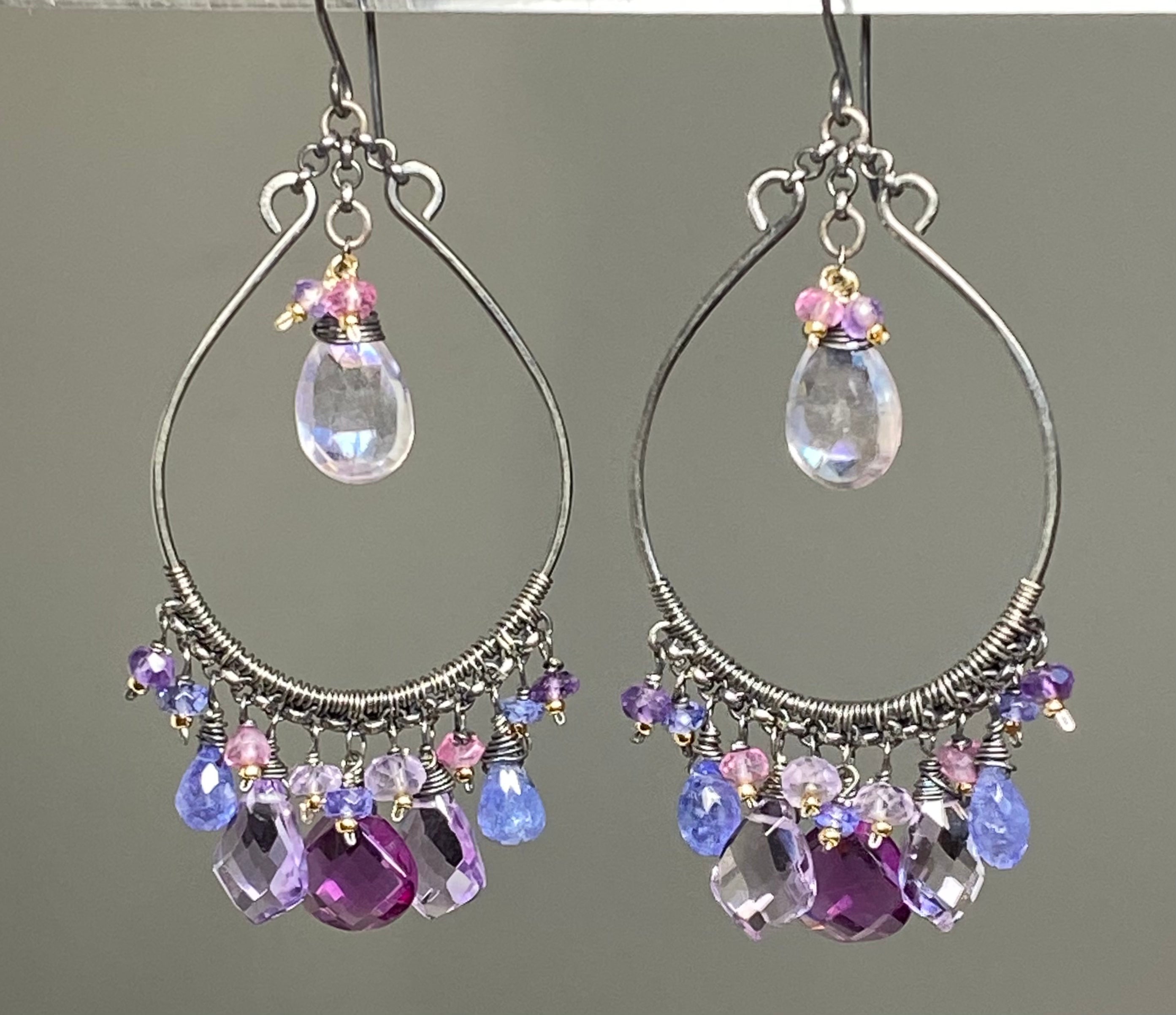 Blue Violet Statement Chandelier Hoop Earrings in Oxidized Silver - Elegant Dangle Earrings for Women, Perfect for Parties, Weddings & Special Occasions