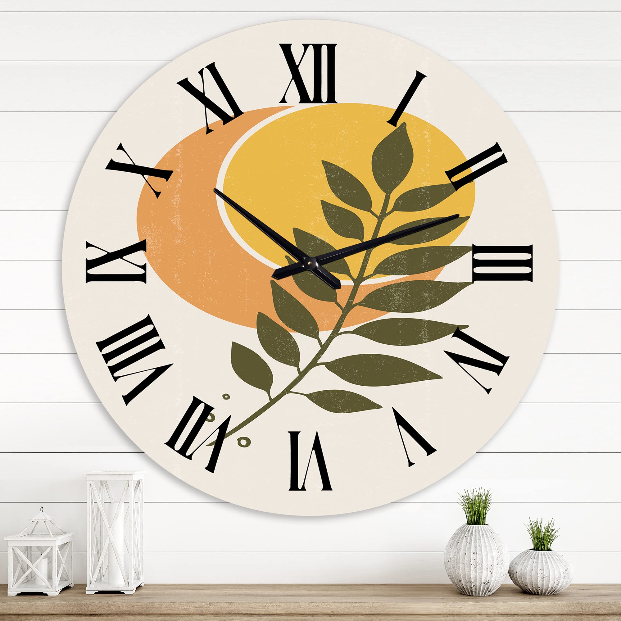 Abstract Geometric Sun and Moon Wall Clock with Leaf Design - Large Modern Fractal Wall Art for Living Room, Bedroom & Office Decor | Perfect for Home, Office & Gift Giving