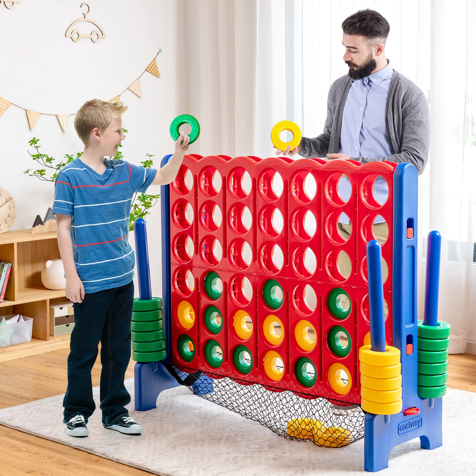 COSTWAY Jumbo 4-in-a-Row Giant Connect Game Set with Storage Bag - 42 Oversized Rings & Quick-Release Slider for Kids & Adults - Perfect for Family Game Night, Backyard Parties, Camping Trips & Indoor Fun