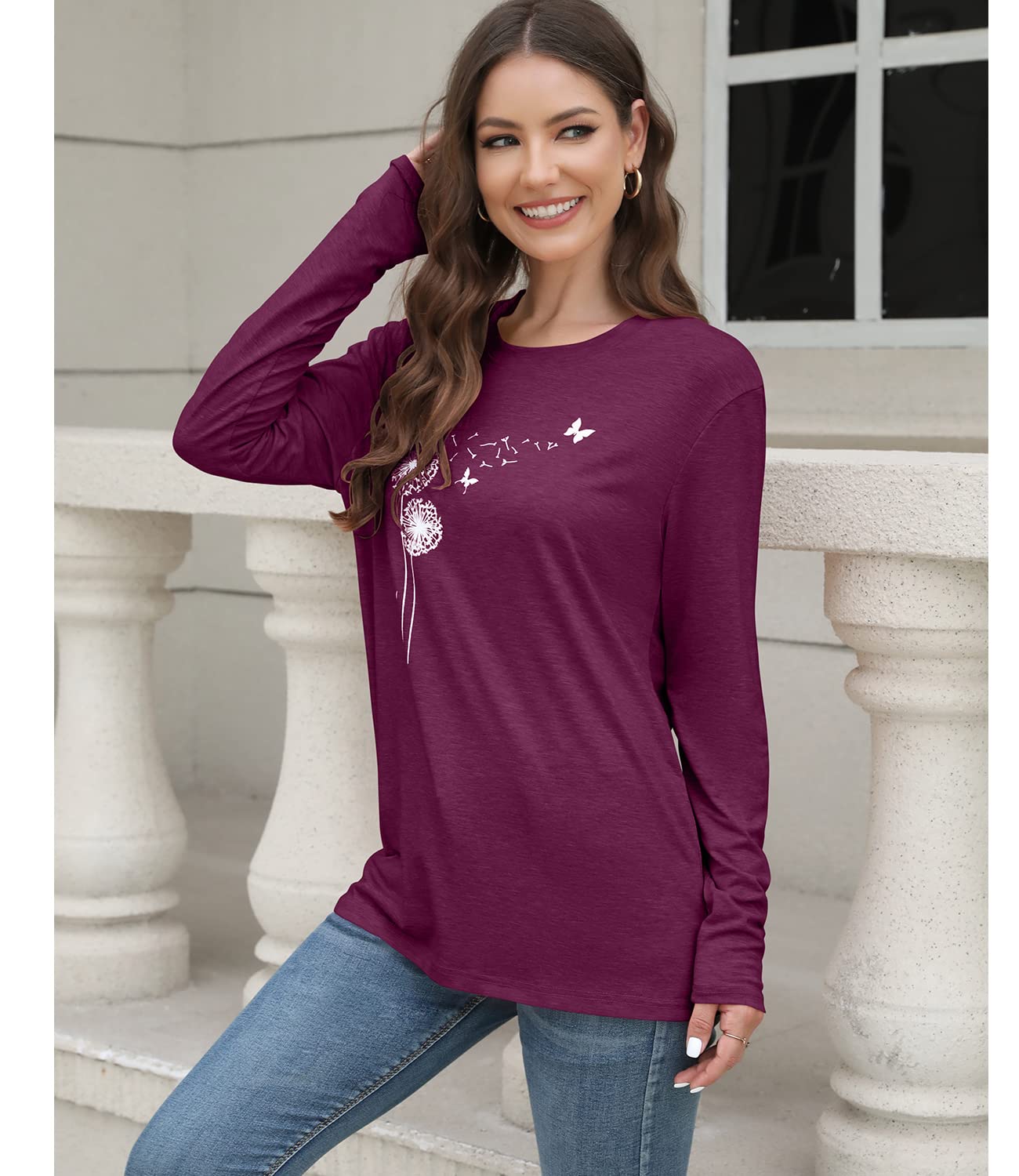 Women's Floral Graphic T-Shirt - Long Sleeve Cotton Tunic Top for Fall | Casual Outfit, Layering Essential & Autumn Fashion Staple